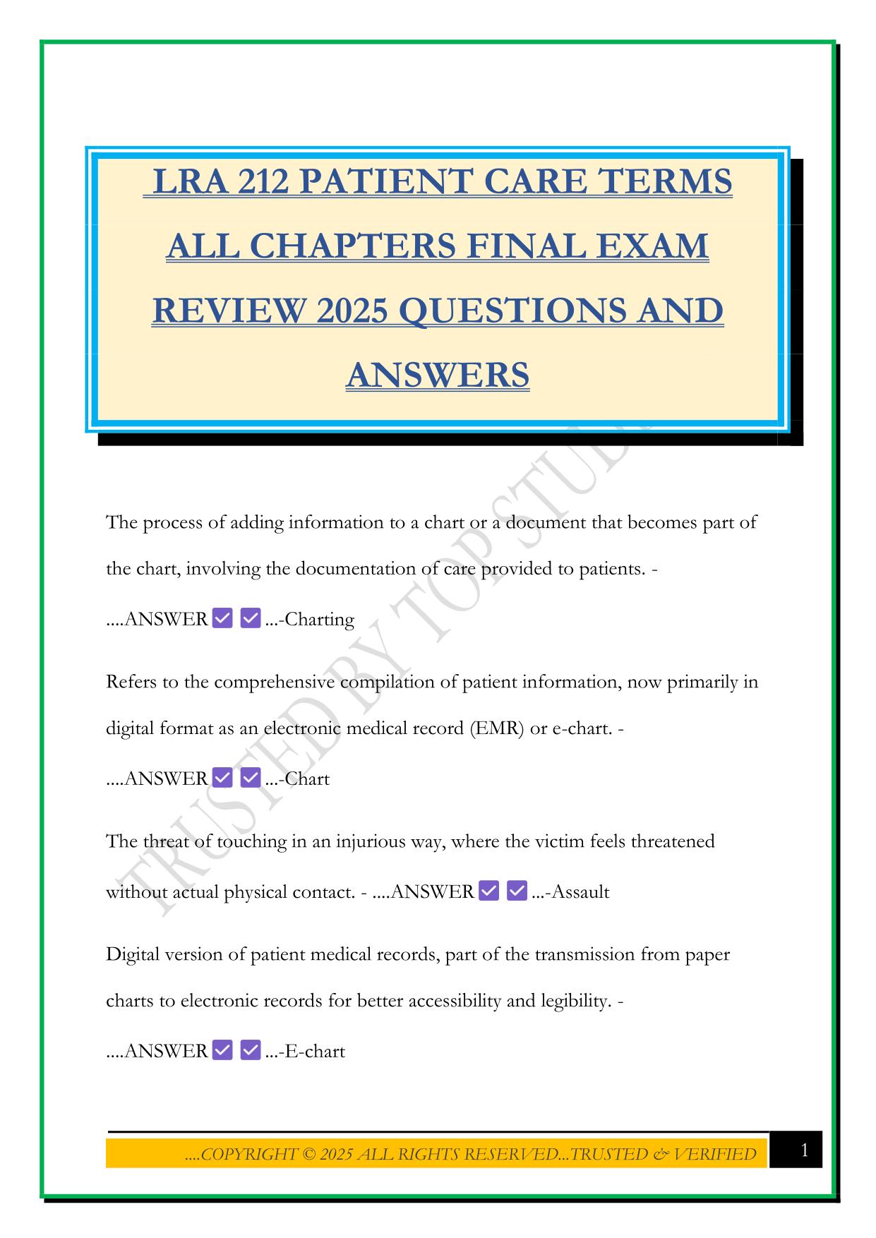 LRA 212 PATIENT CARE TERMS ALL CHAPTERS FINAL EXAM REVIEW 2025 QUESTIONS AND ANSWERS