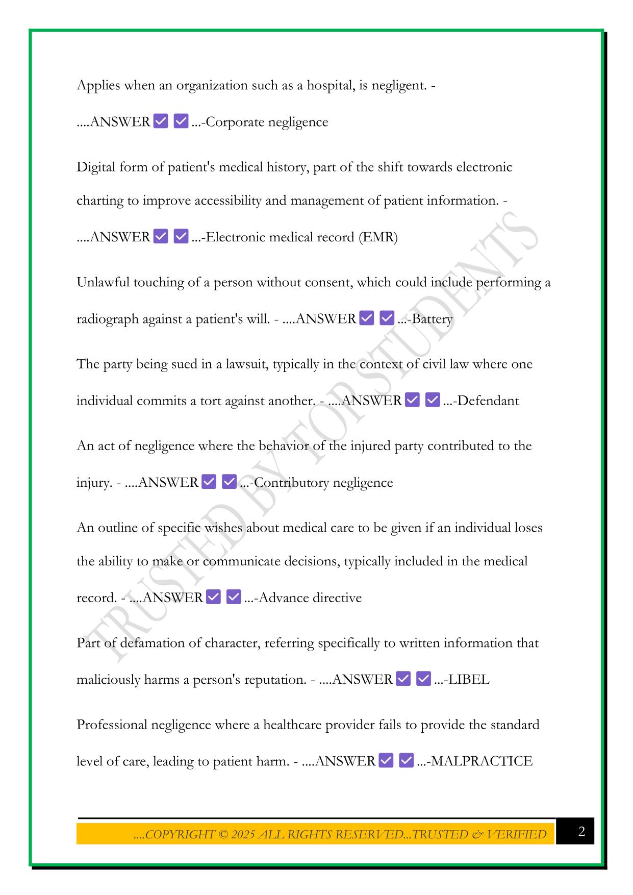 LRA 212 PATIENT CARE TERMS ALL CHAPTERS FINAL EXAM REVIEW 2025 QUESTIONS AND ANSWERS