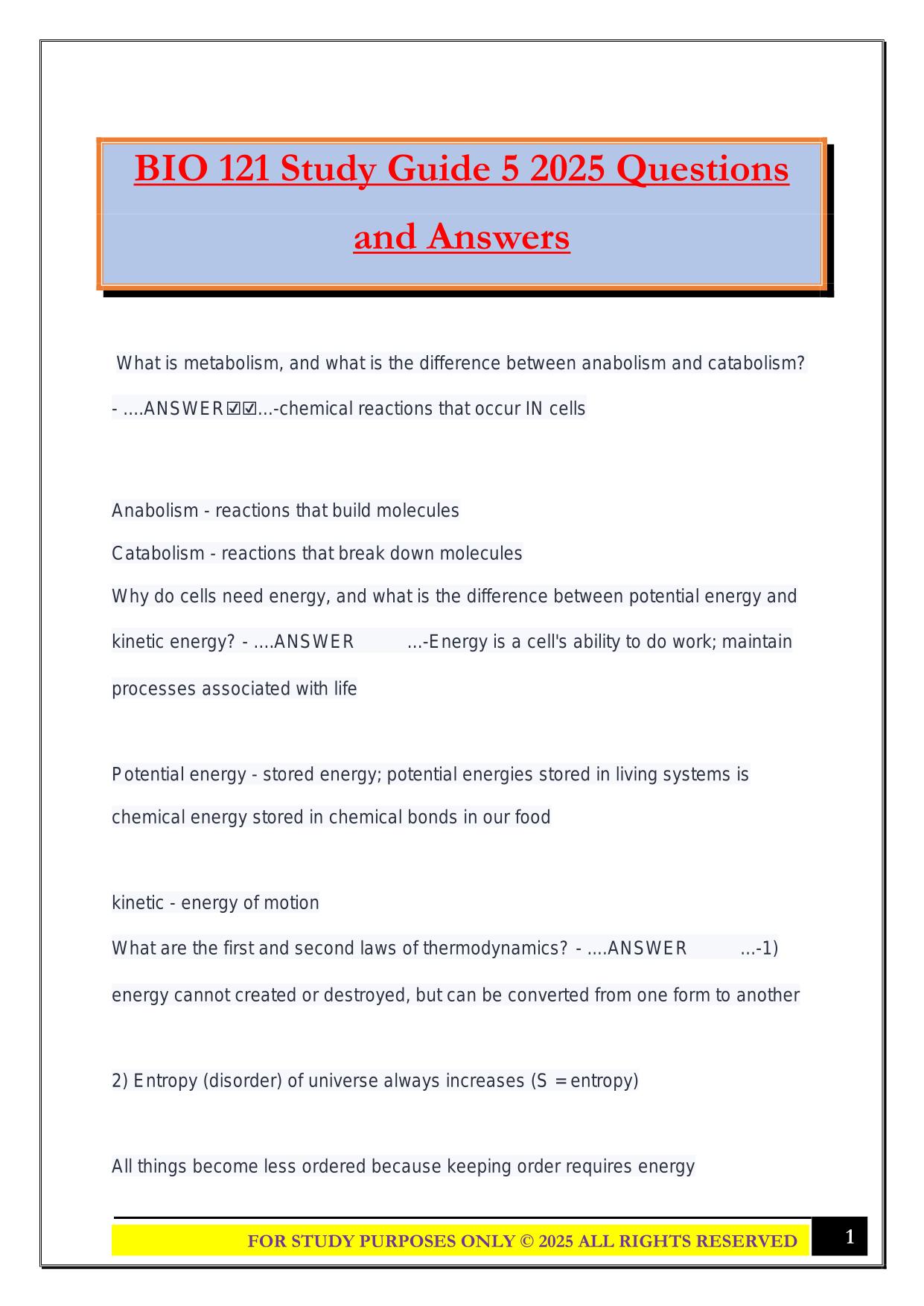 BIO 121 Study Guide 5 2025 Questions and Answers
