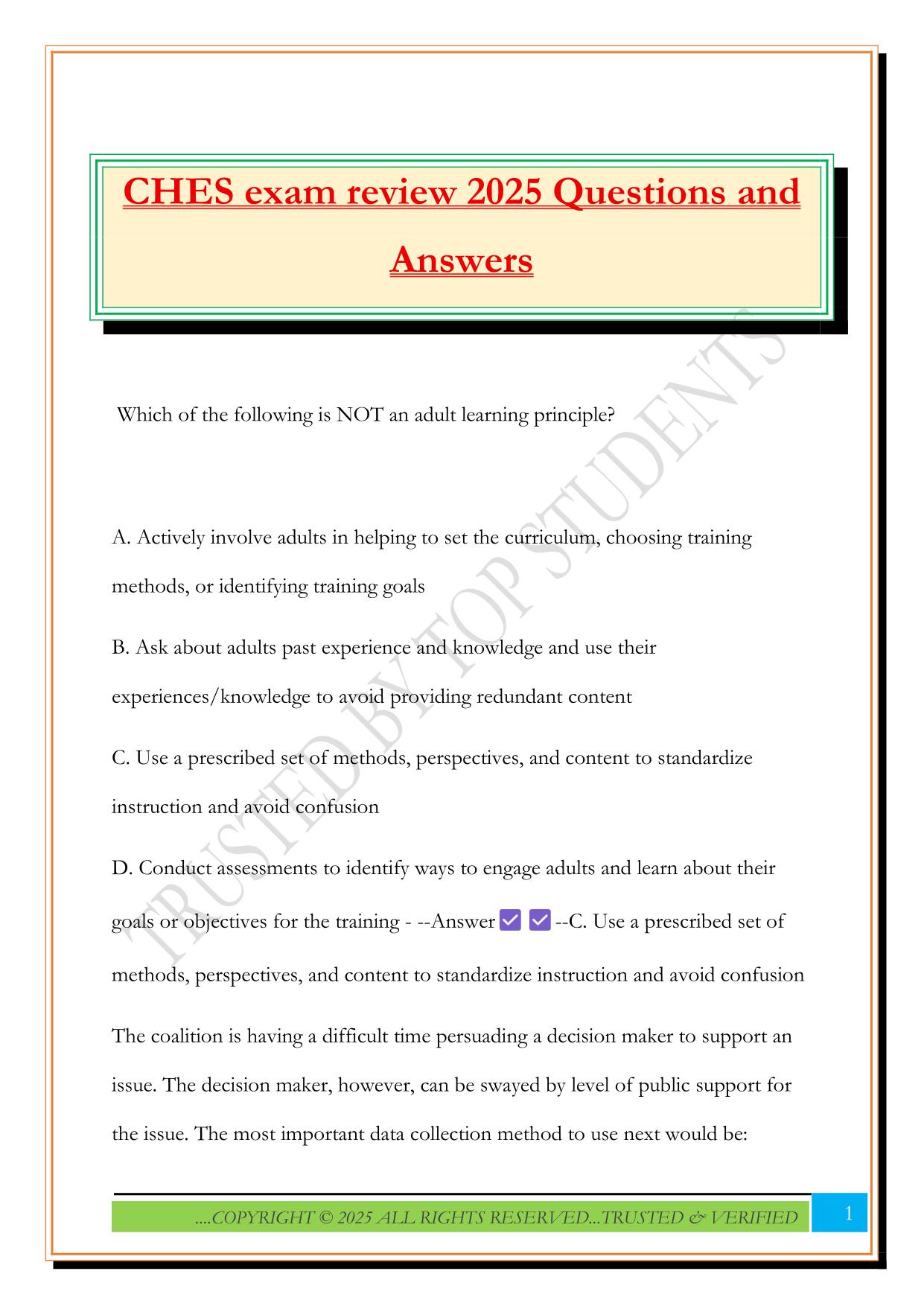 CHES exam review 2025 Questions and Answers