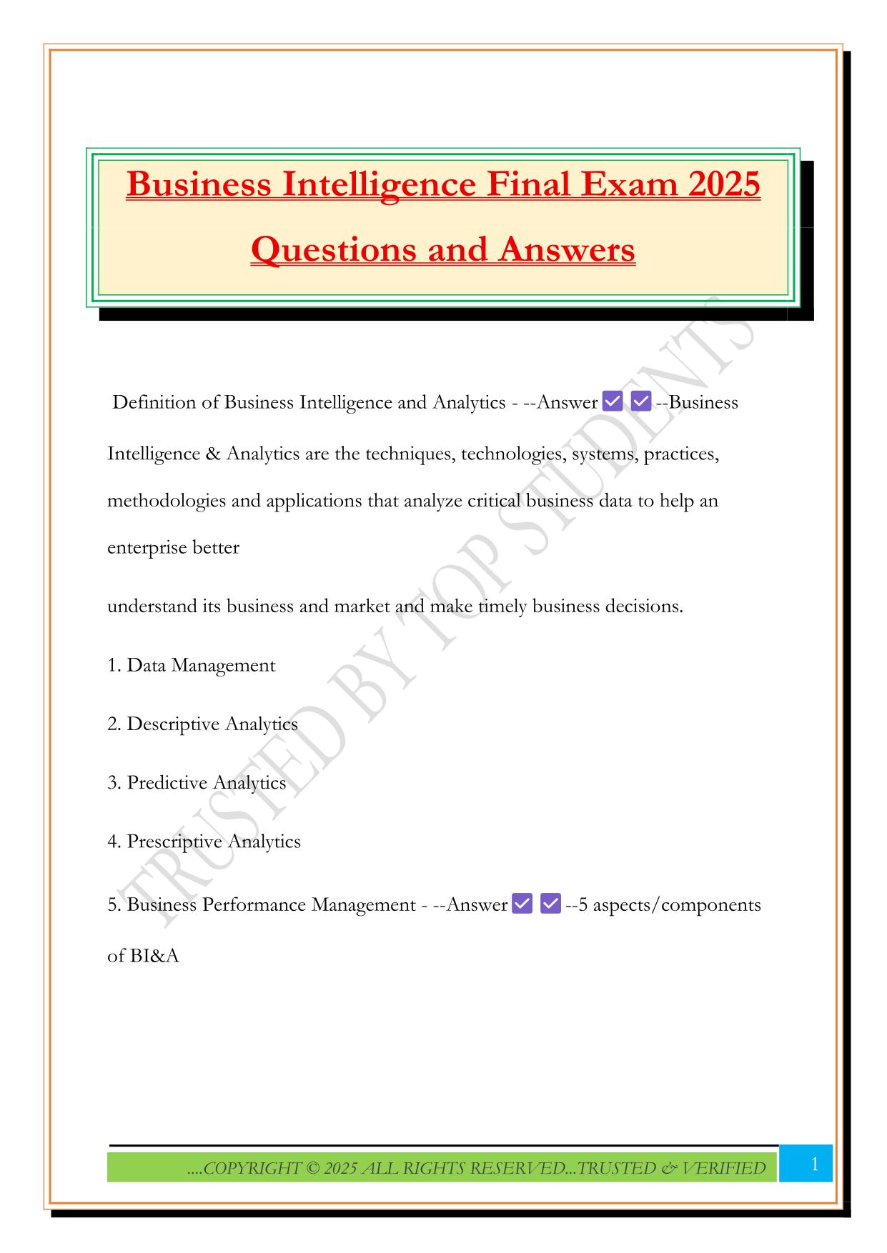 Business Intelligence Final Exam 2025 Questions and Answers