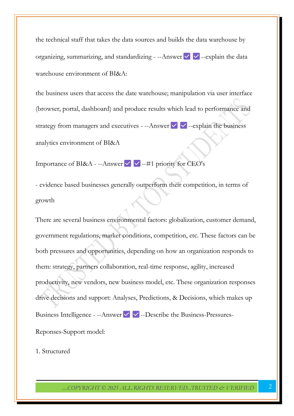 Business Intelligence Final Exam 2025 Questions and Answers