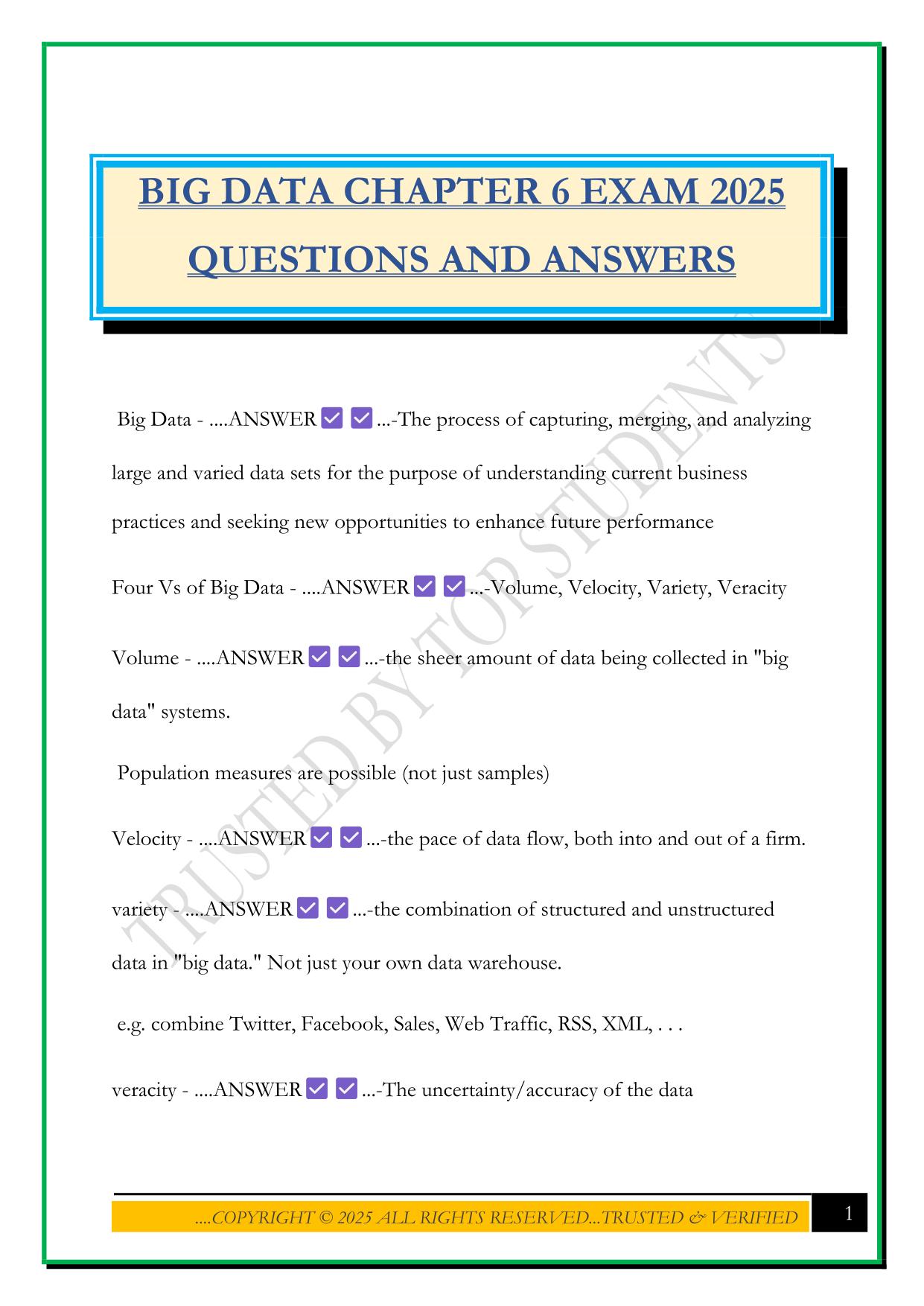 BIG DATA CHAPTER 6 EXAM 2025 QUESTIONS AND ANSWERS