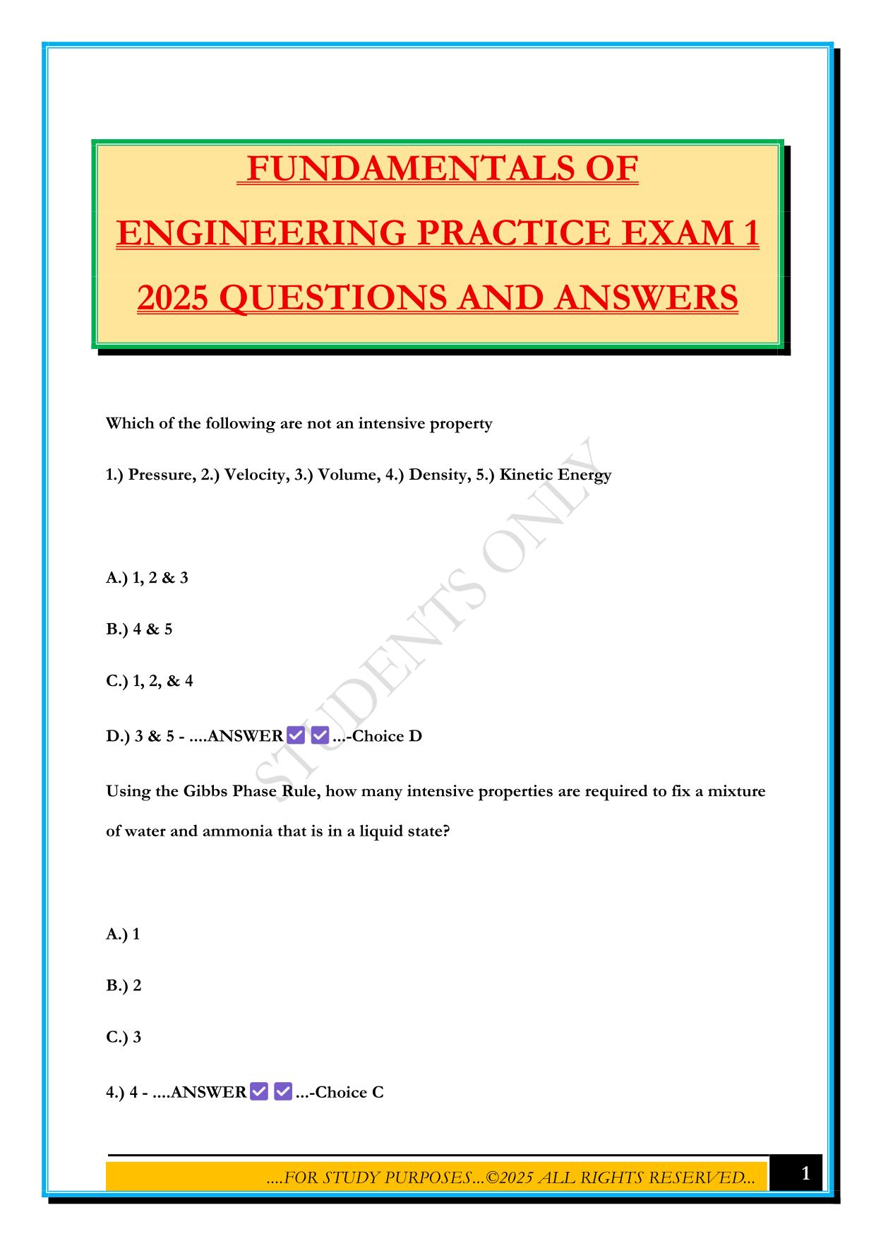 FUNDAMENTALS OF ENGINEERING PRACTICE EXAM 1 2025 QUESTIONS AND ANSWERS
