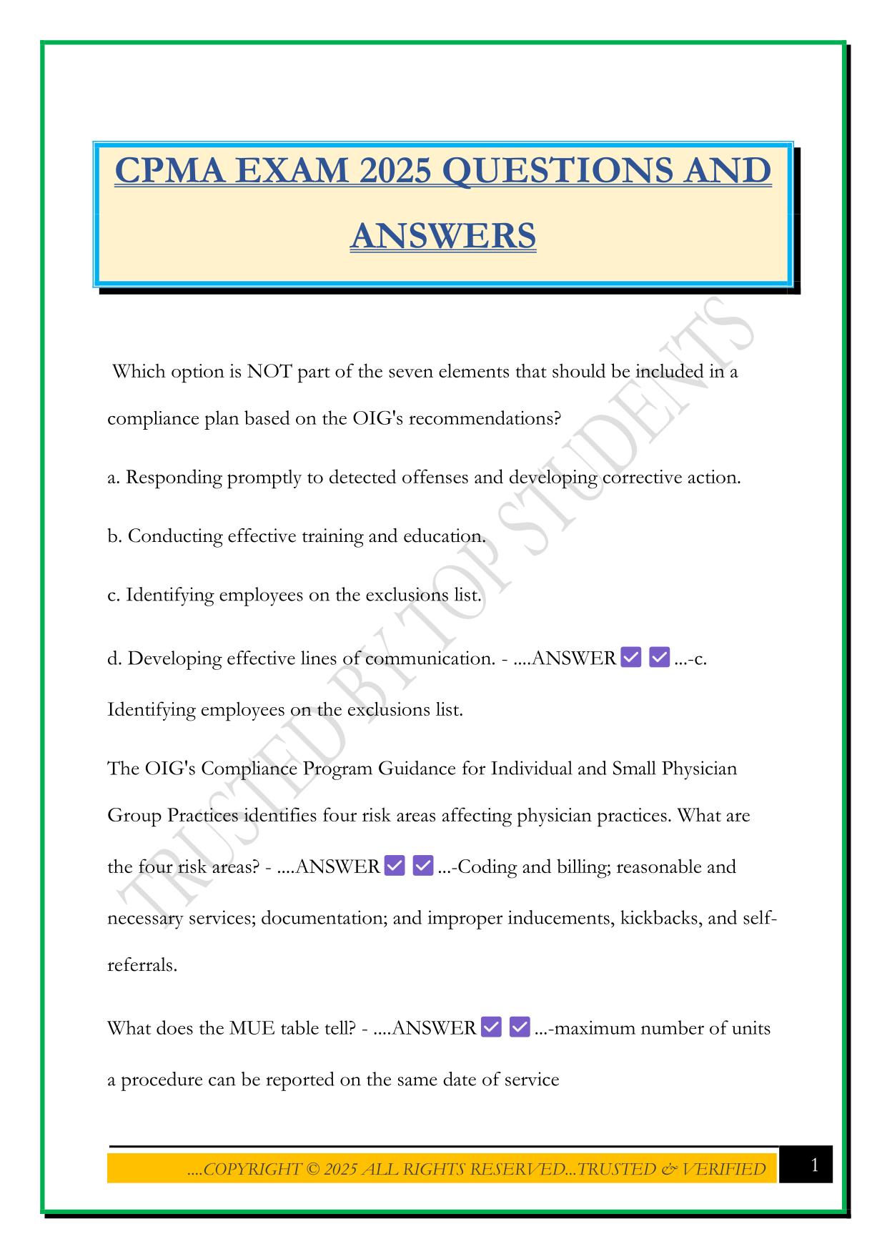 CPMA EXAM 2025 QUESTIONS AND ANSWERS