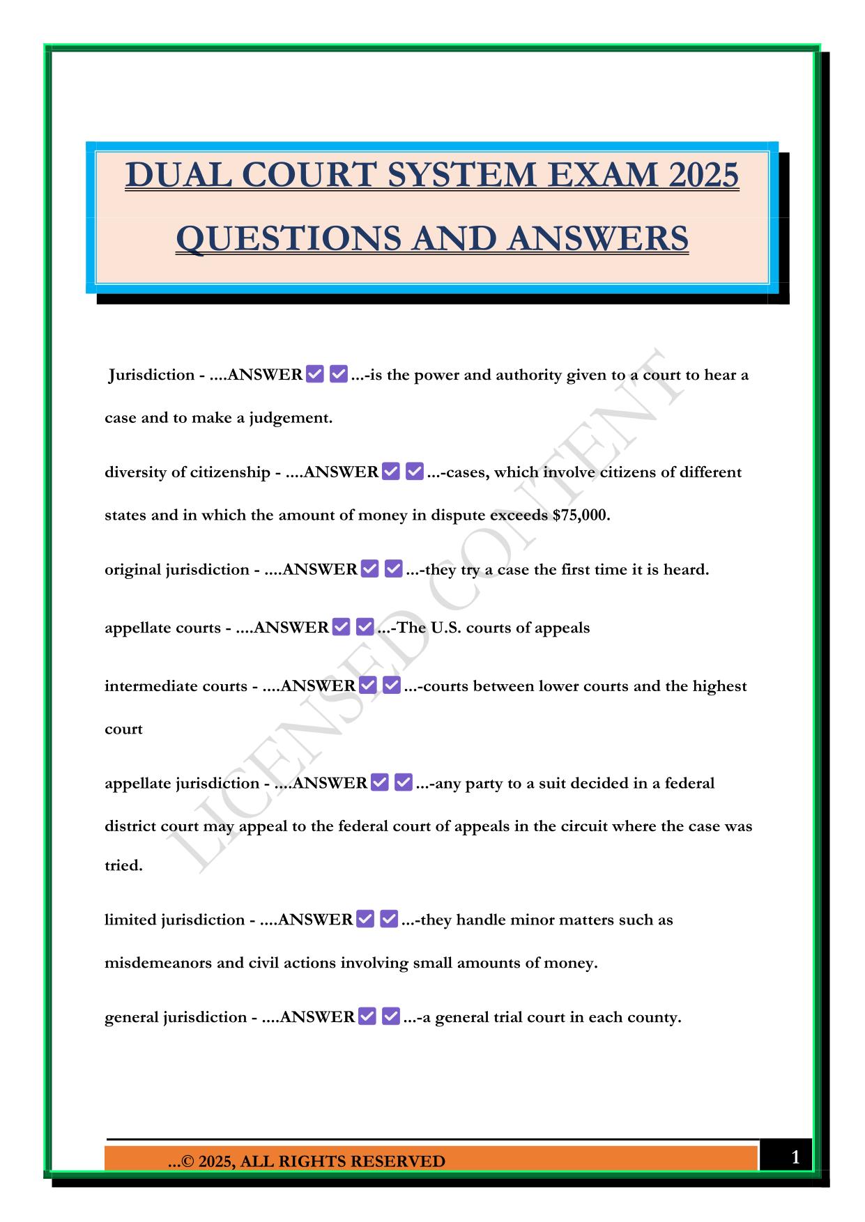 DUAL COURT SYSTEM EXAM 2025 QUESTIONS AND ANSWERS