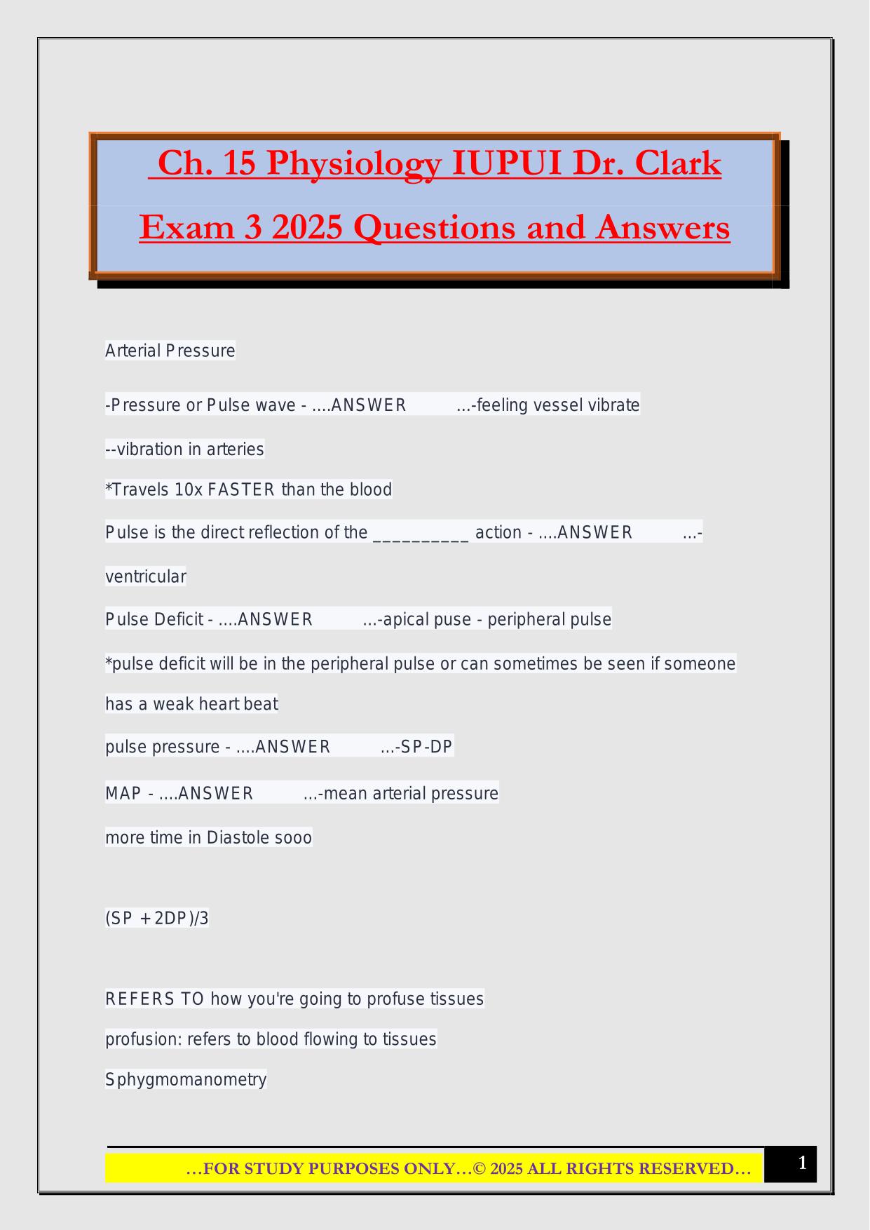 Ch. 15 Physiology IUPUI Dr. Clark Exam 3 2025 Questions and Answers