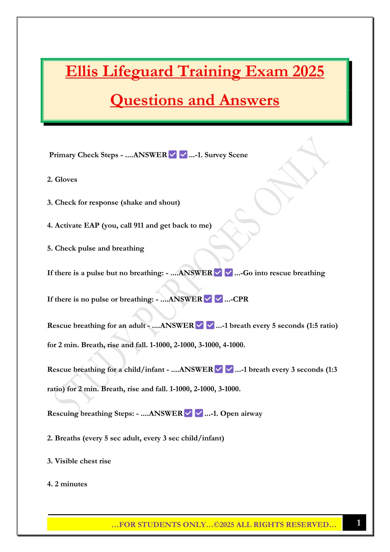 Ellis Lifeguard Training Exam 2025 Questions and Answers