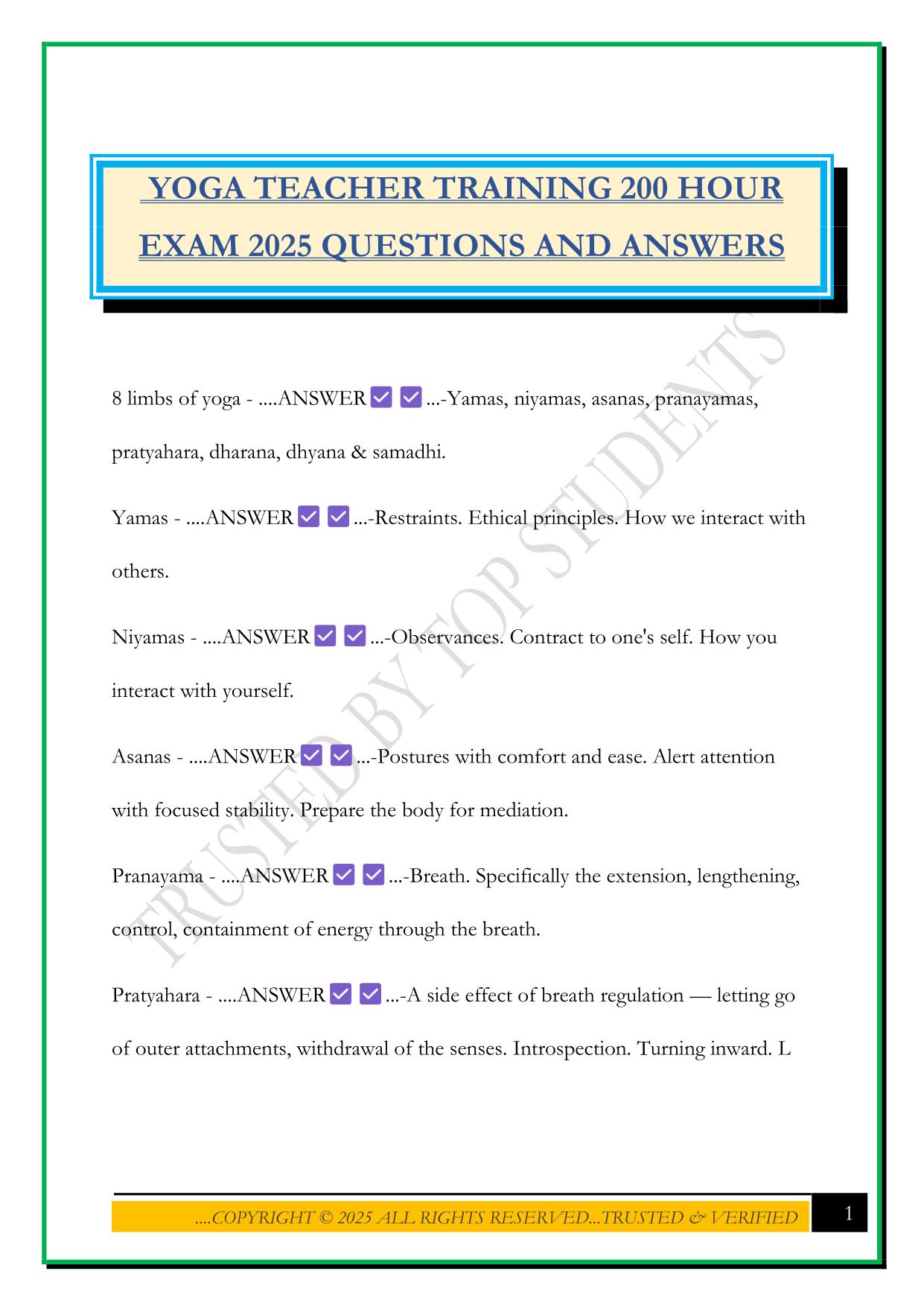YOGA TEACHER TRAINING 200 HOUR EXAM 2025 QUESTIONS AND ANSWERS