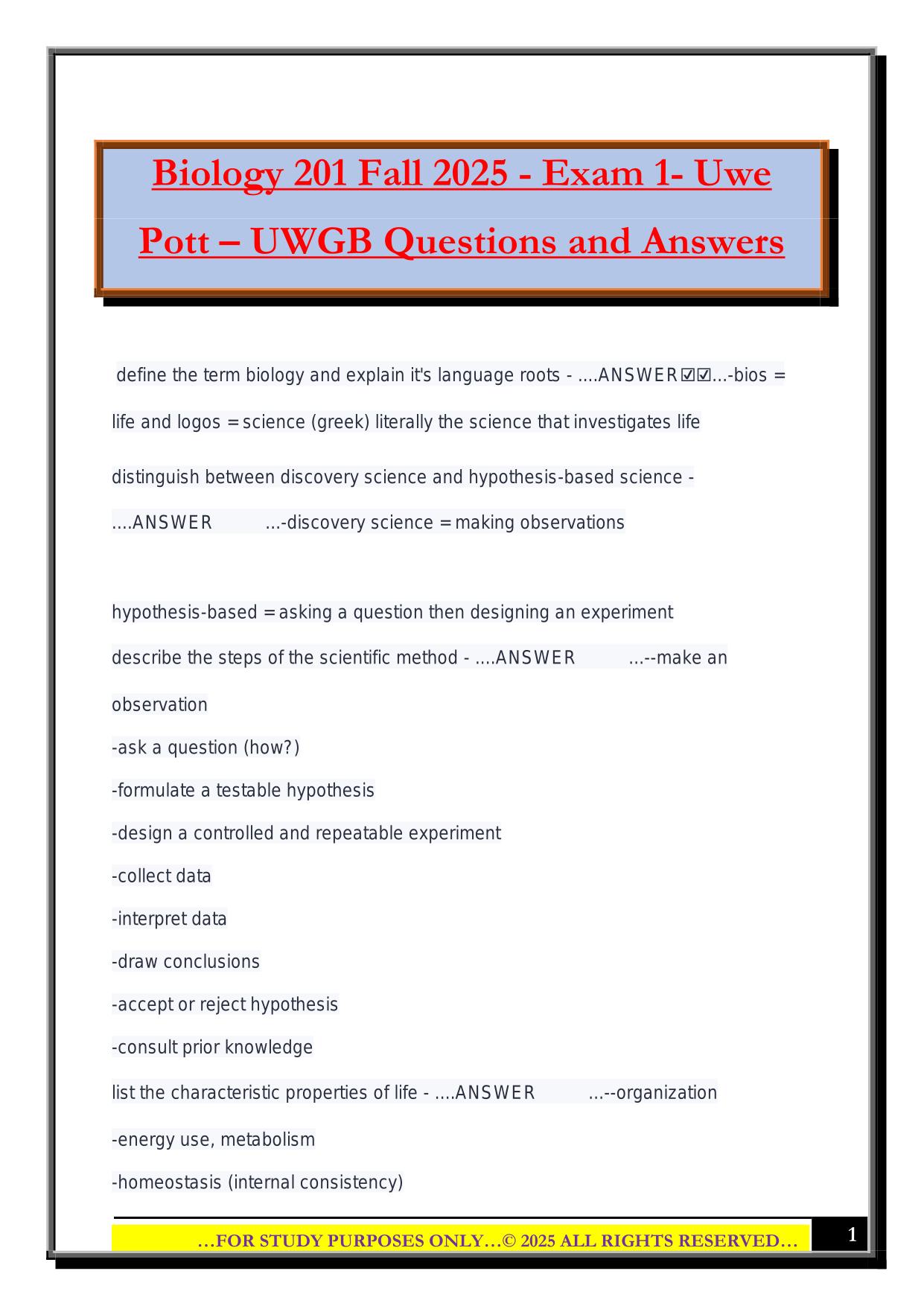 Biology 201 Fall 2025 - Exam 1- Uwe Pott – UWGB Questions and Answers