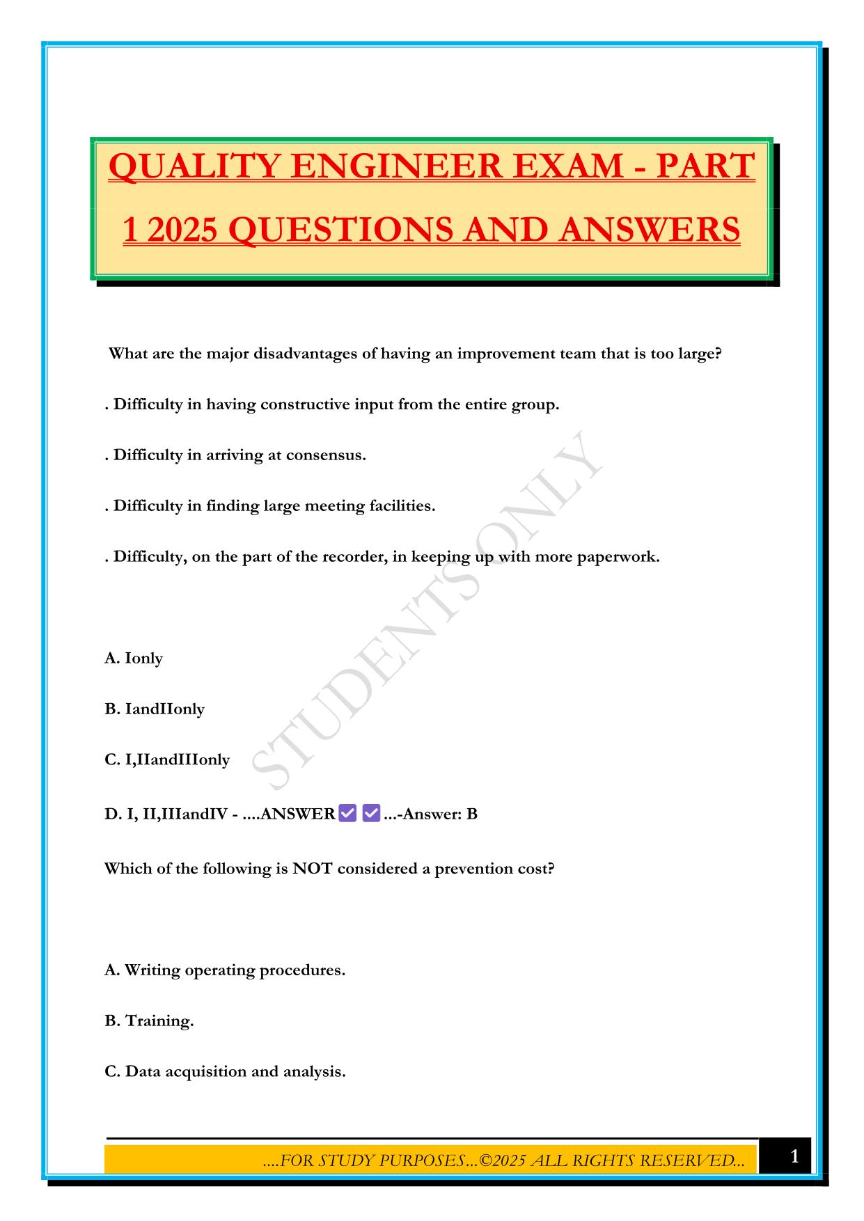 QUALITY ENGINEER EXAM - PART 1 2025 QUESTIONS AND ANSWERS