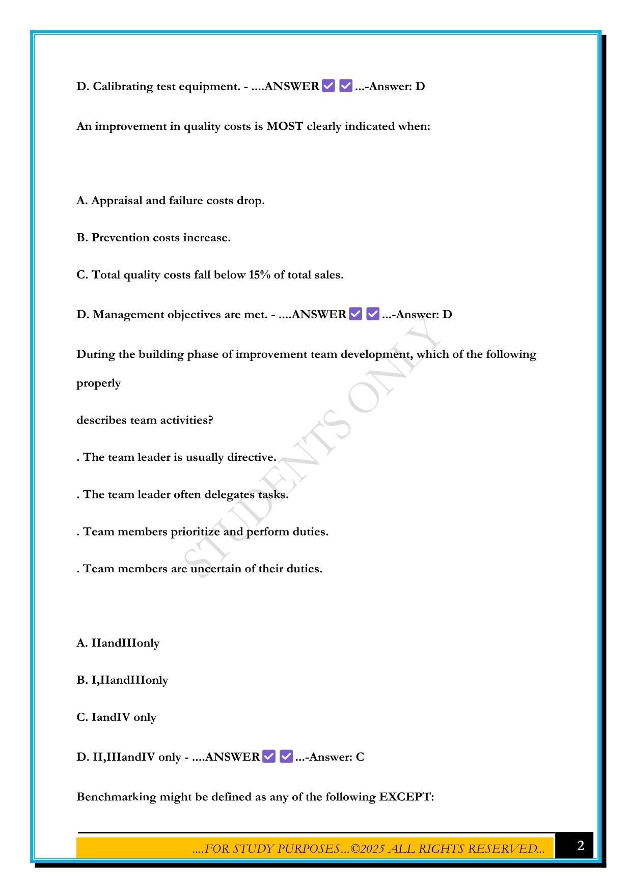 QUALITY ENGINEER EXAM - PART 1 2025 QUESTIONS AND ANSWERS