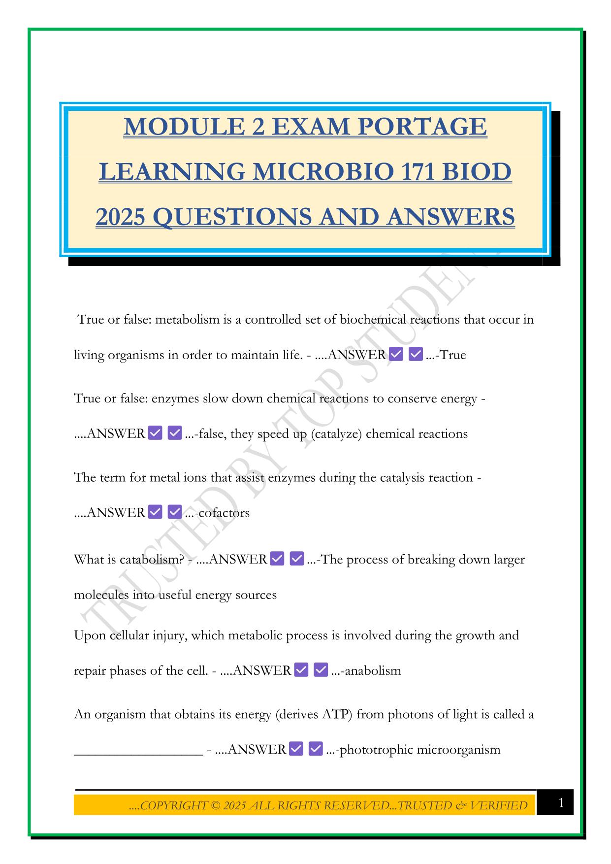 MODULE 2 EXAM PORTAGE LEARNING MICROBIO 171 BIOD 2025 QUESTIONS AND ANSWERS
