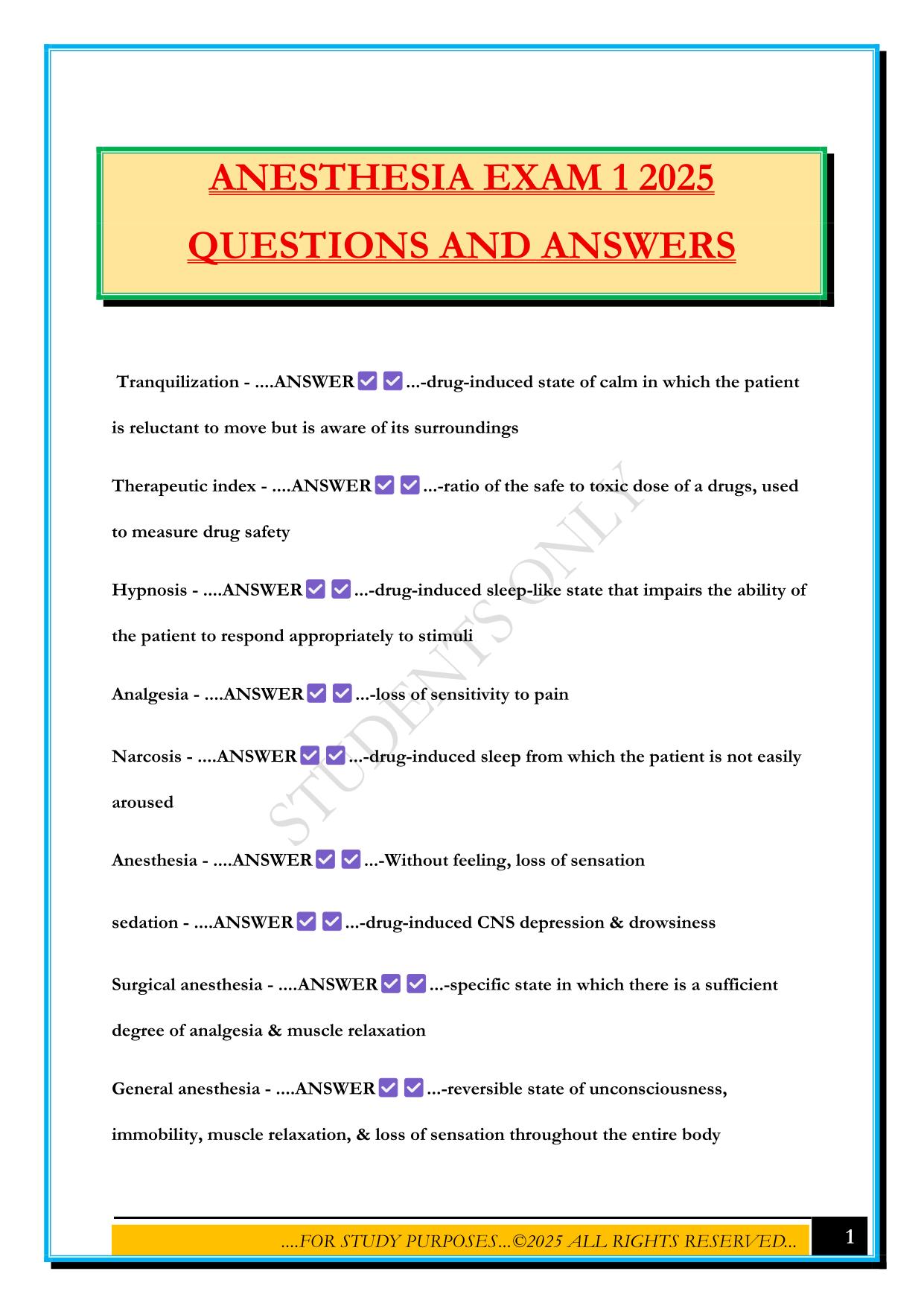 ANESTHESIA EXAM 1 2025 QUESTIONS AND ANSWERS