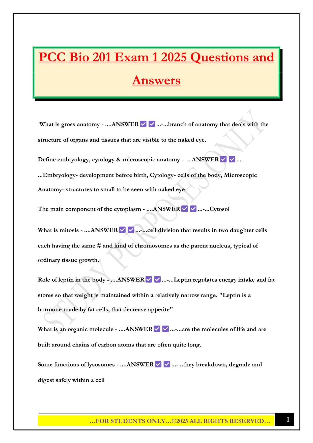 PCC Bio 201 Exam 1 2025 Questions and Answers
