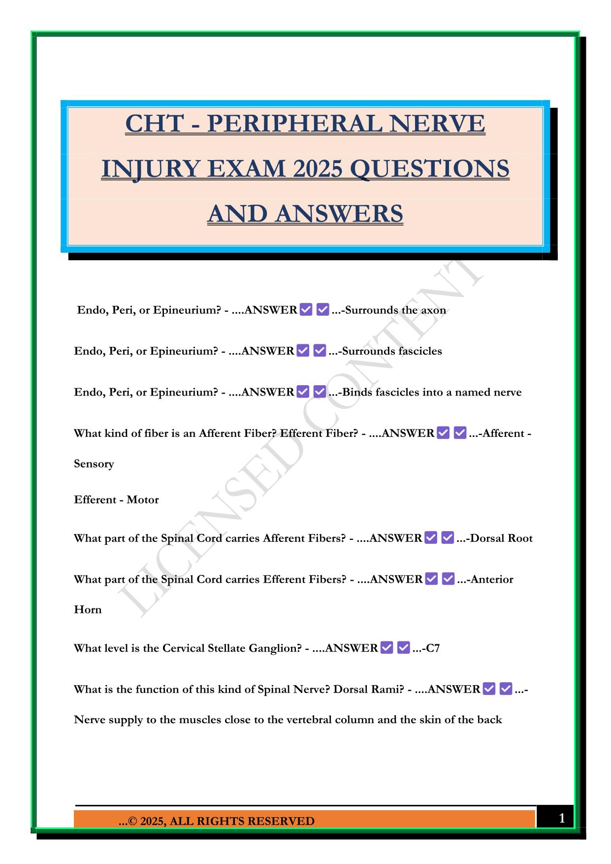 CHT - PERIPHERAL NERVE INJURY EXAM 2025 QUESTIONS AND ANSWERS