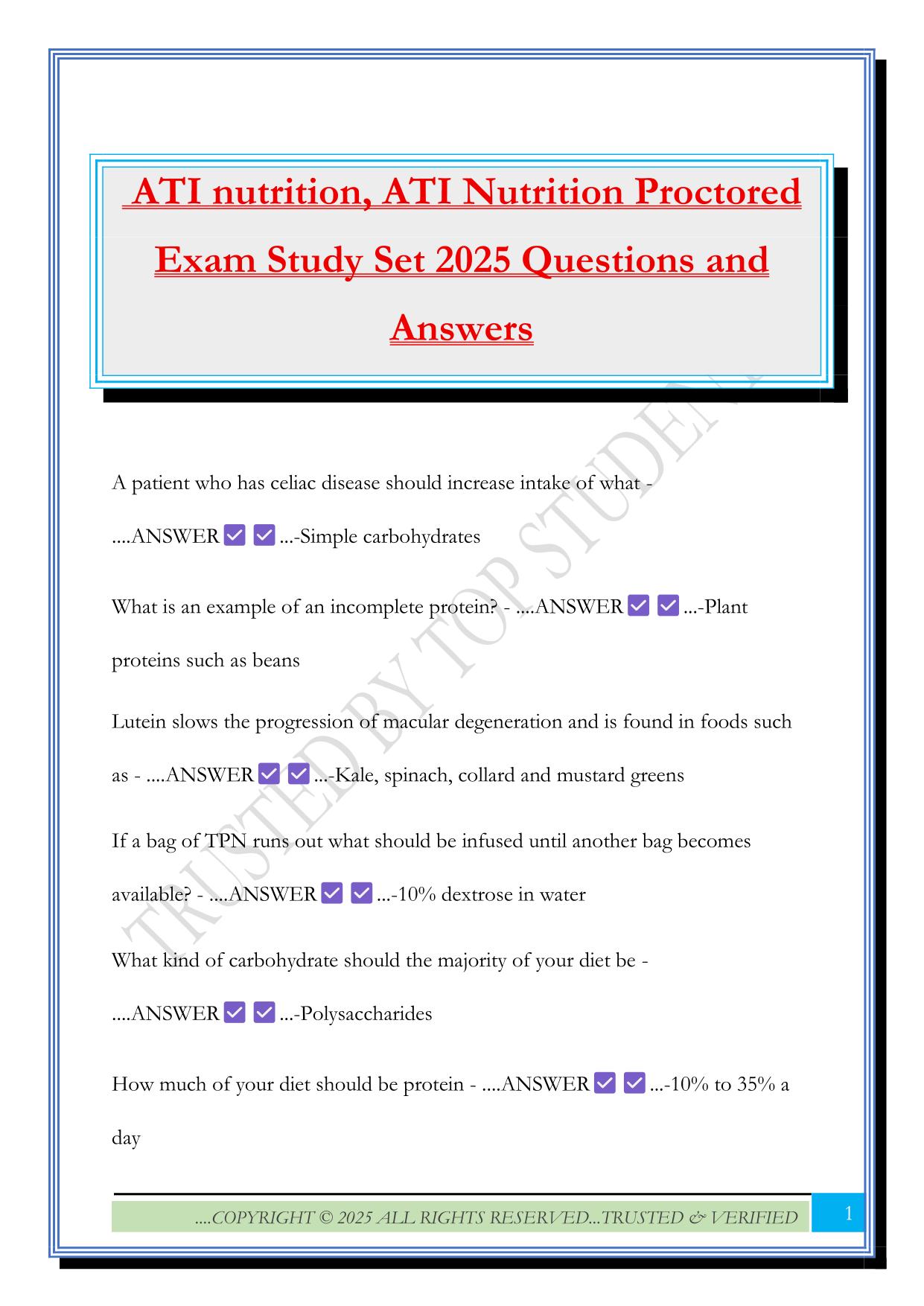 ATI nutrition, ATI Nutrition Proctored Exam Study Set 2025 Questions and Answers