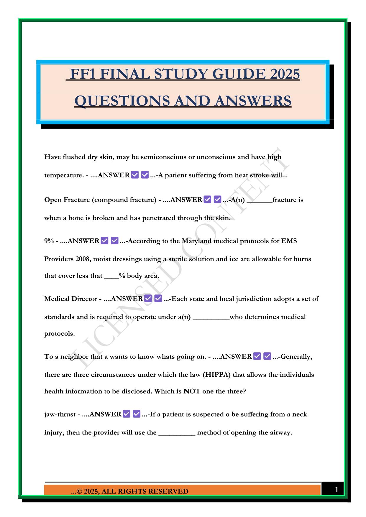 FF1 FINAL STUDY GUIDE 2025 QUESTIONS AND ANSWERS