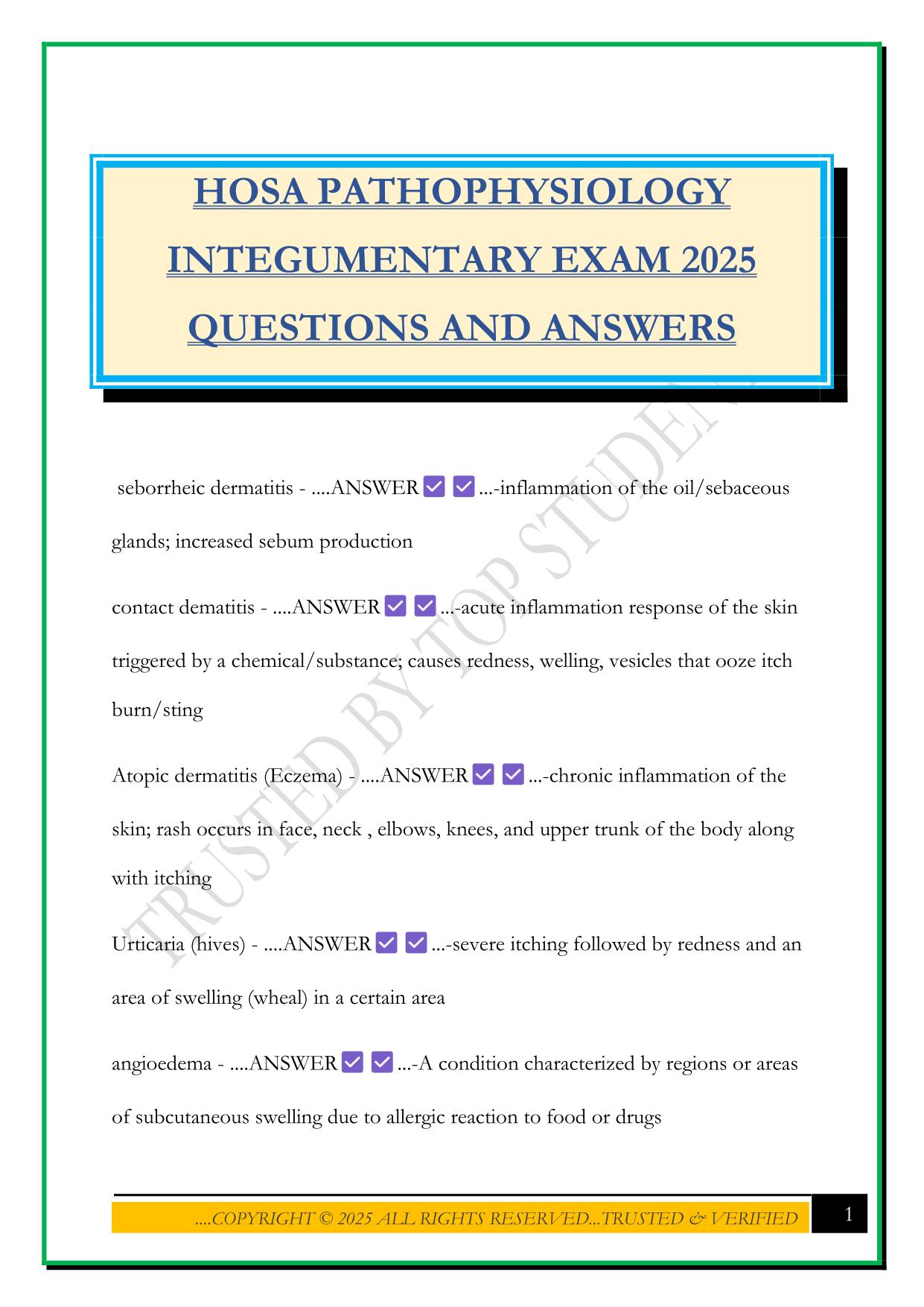 HOSA PATHOPHYSIOLOGY INTEGUMENTARY EXAM 2025 QUESTIONS AND ANSWERS