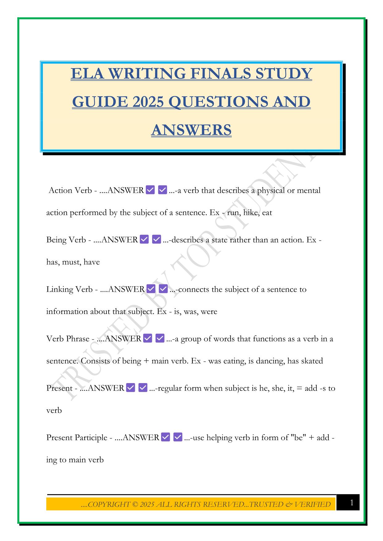 ELA WRITING FINALS STUDY GUIDE 2025 QUESTIONS AND ANSWERS