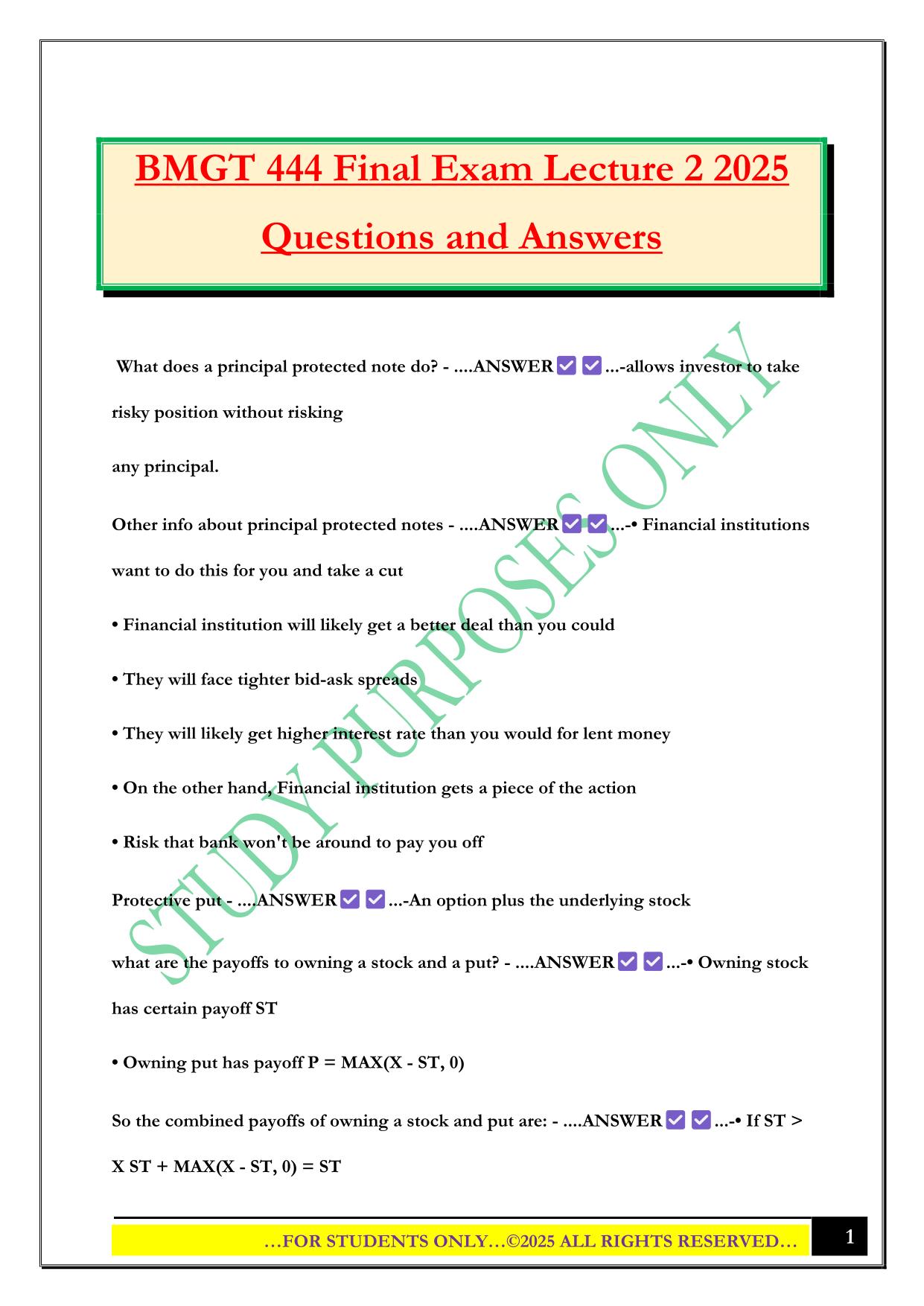BMGT 444 Final Exam Lecture 2 2025 Questions and Answers