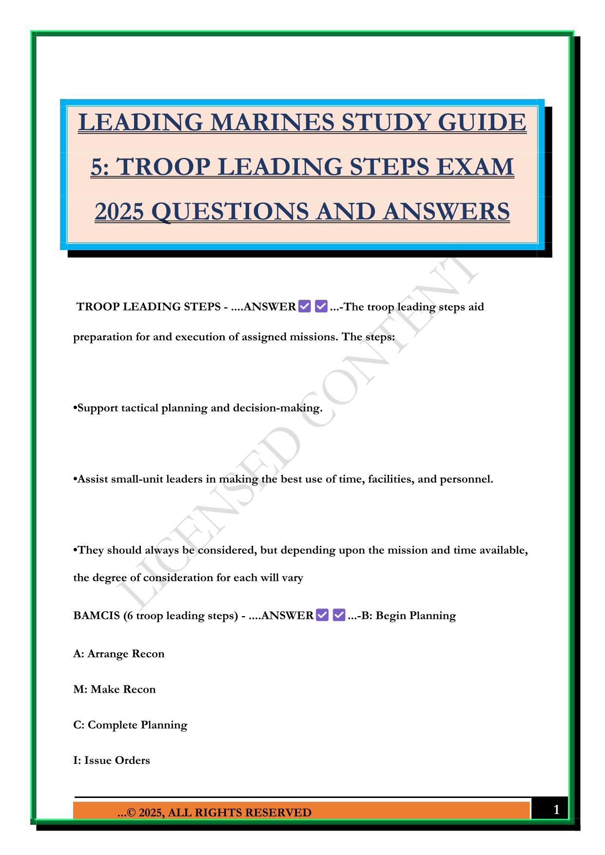 LEADING MARINES STUDY GUIDE 5: TROOP LEADING STEPS EXAM 2025 QUESTIONS AND ANSWERS