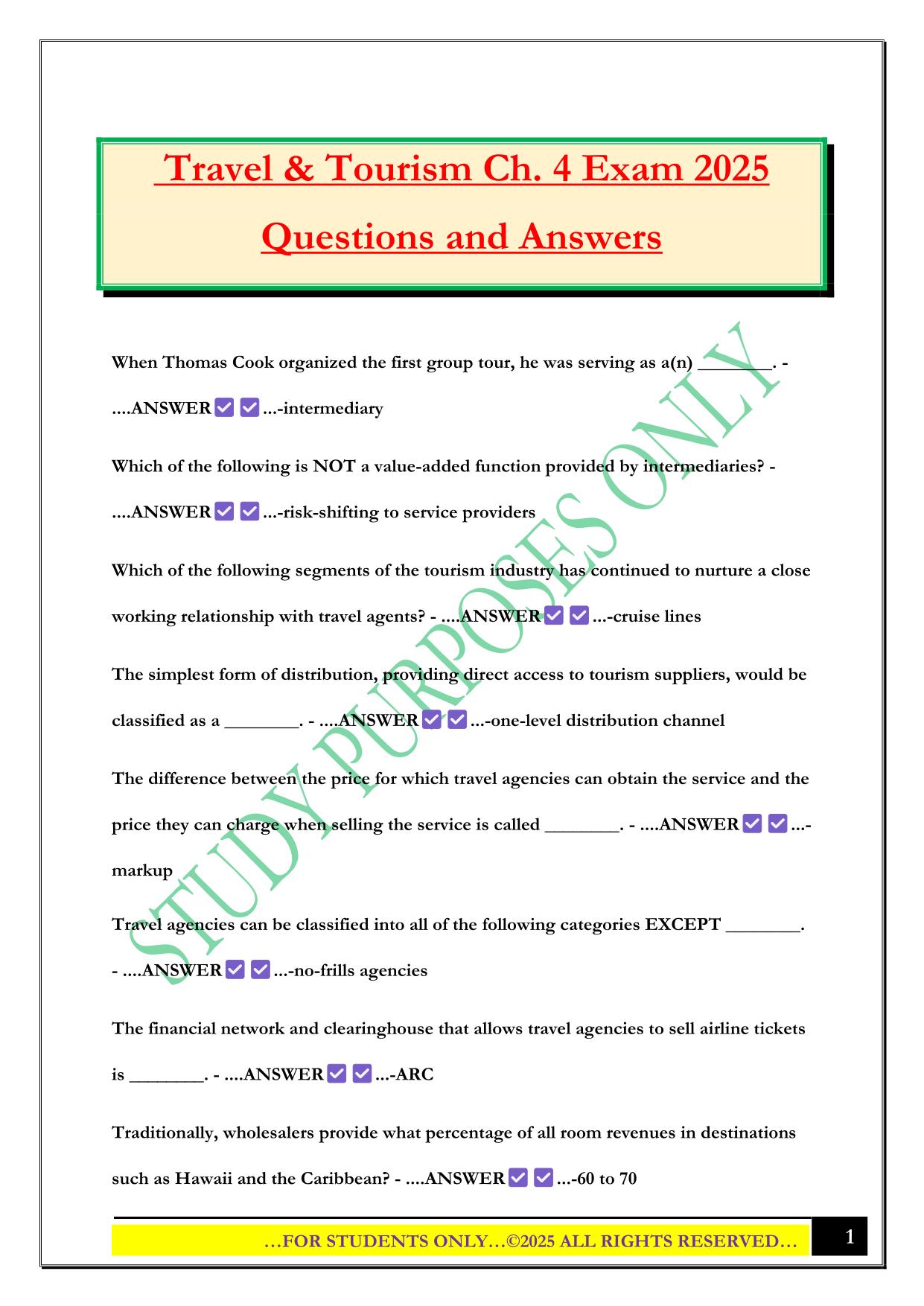 Travel & Tourism Ch. 4 Exam 2025 Questions and Answers
