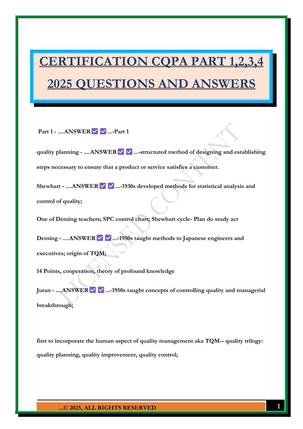 CERTIFICATION CQPA PART 1,2,3,4 2025 QUESTIONS AND ANSWERS