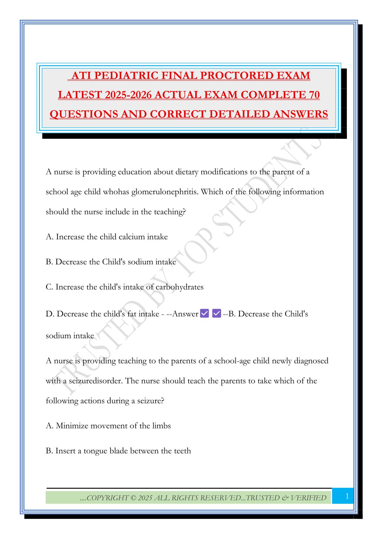 ATI PEDIATRIC FINAL PROCTORED EXAM LATEST 2025-2026 ACTUAL EXAM COMPLETE 70 QUESTIONS AND CORRECT DETAILED ANSWERS