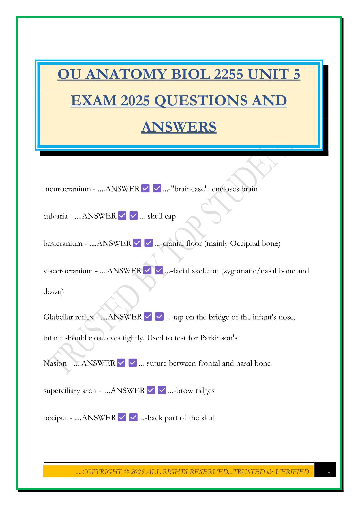 OU ANATOMY BIOL 2255 UNIT 5 EXAM 2025 QUESTIONS AND ANSWERS