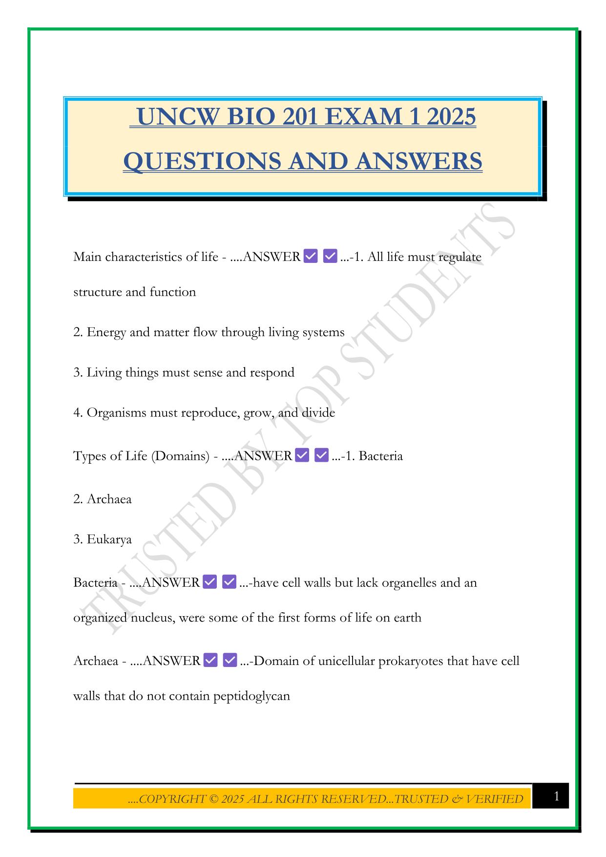 UNCW BIO 201 EXAM 1 2025 QUESTIONS AND ANSWERS