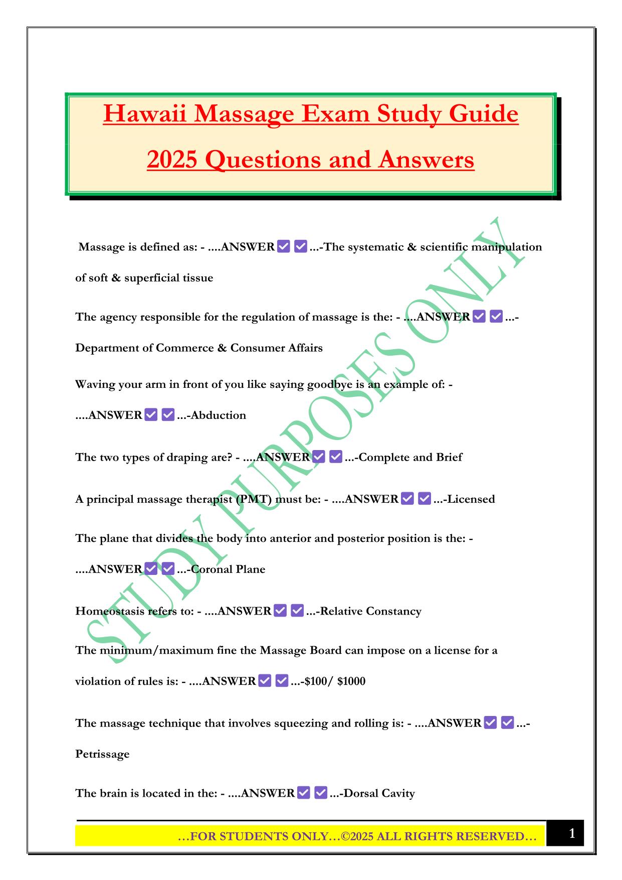Hawaii Massage Exam Study Guide 2025 Questions and Answers
