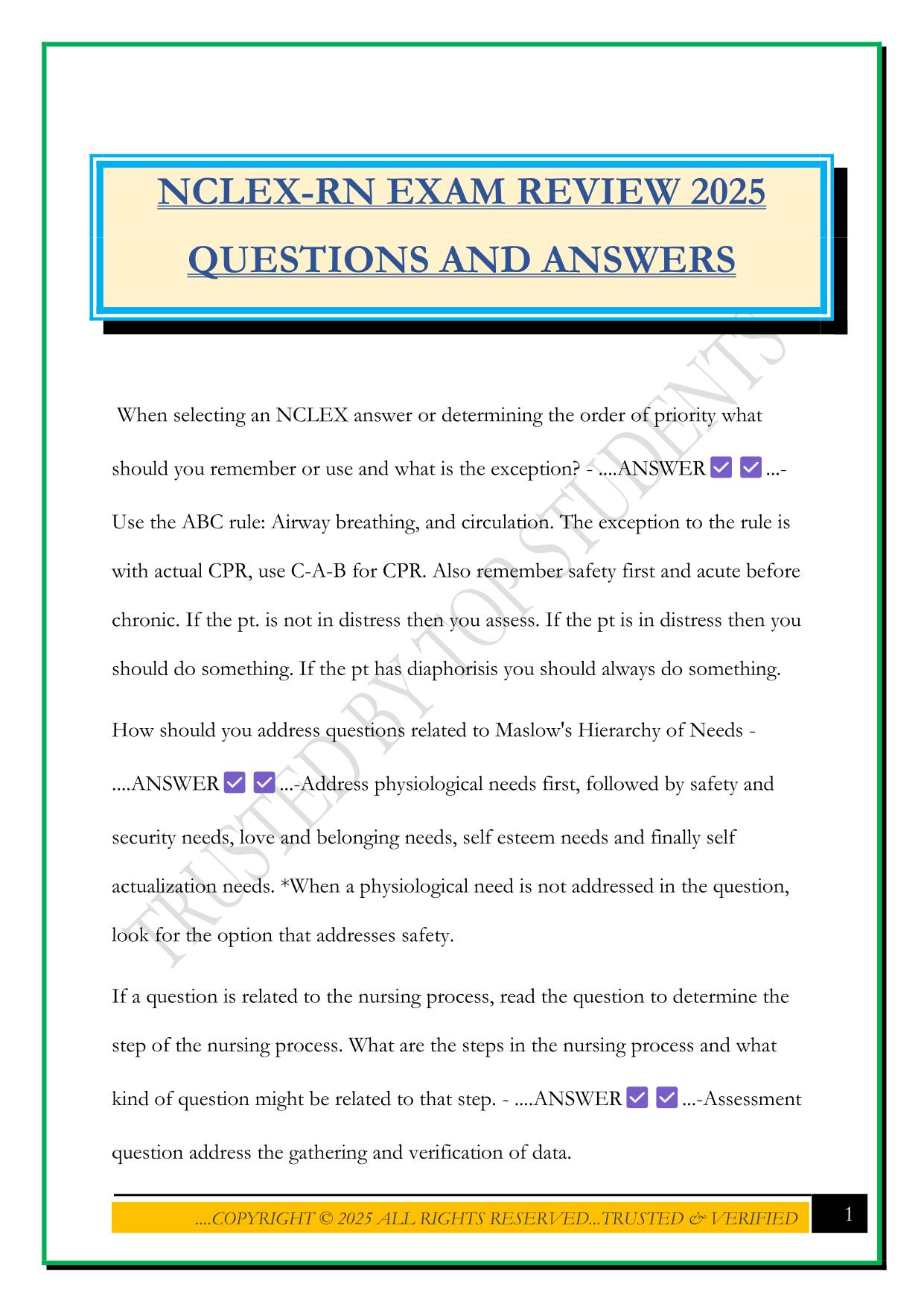 NCLEX-RN EXAM REVIEW 2025 QUESTIONS AND ANSWERS
