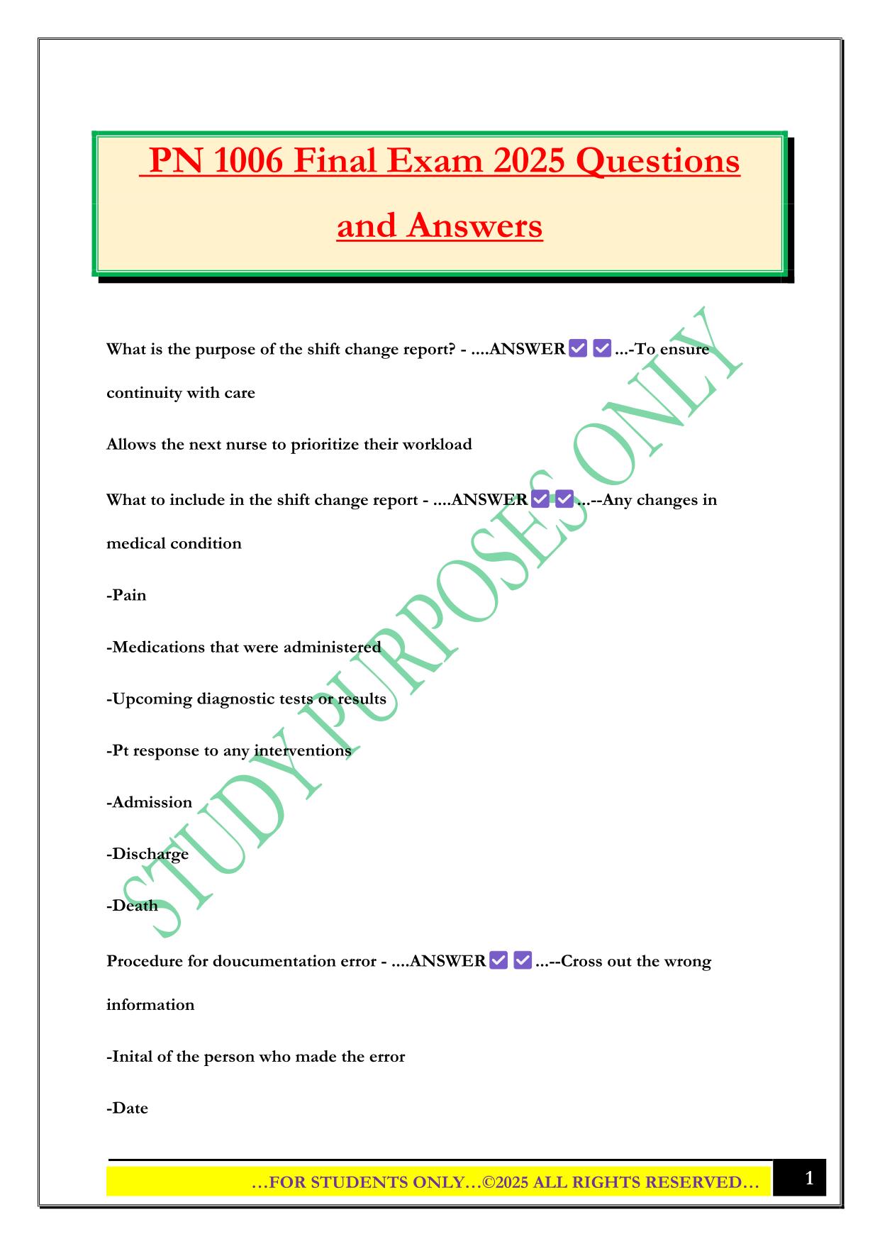 PN 1006 Final Exam 2025 Questions and Answers