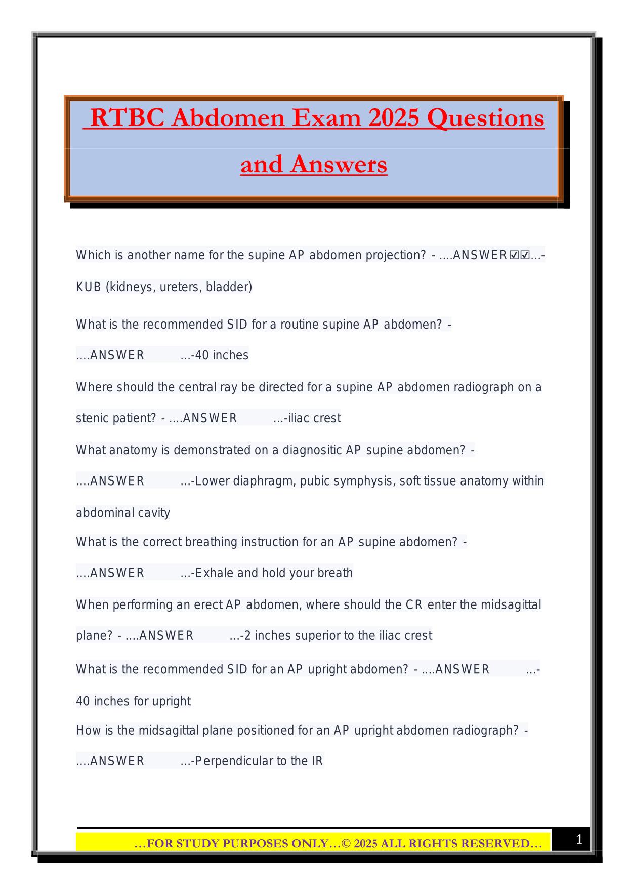RTBC Abdomen Exam 2025 Questions and Answers