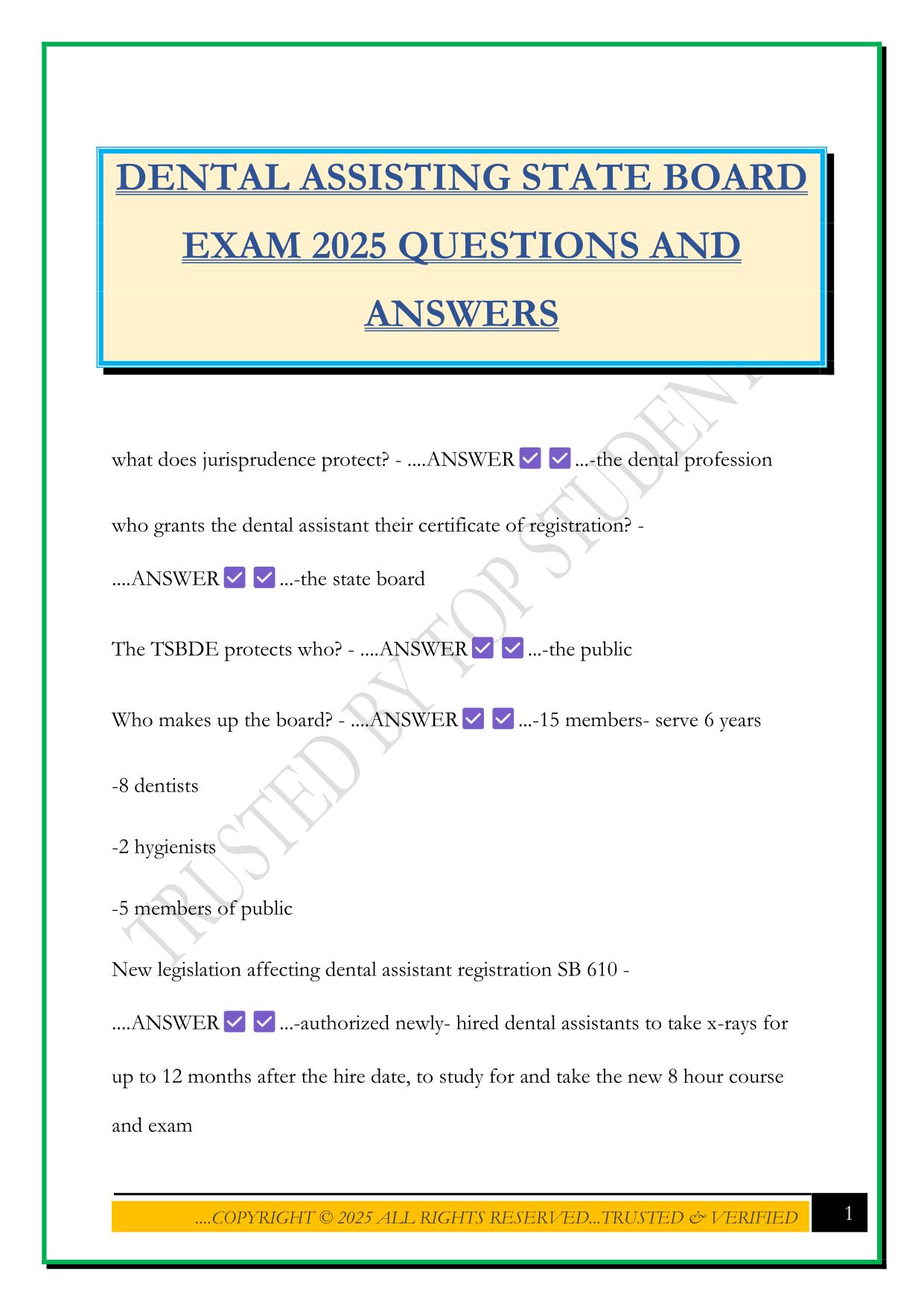 DENTAL ASSISTING STATE BOARD EXAM 2025 QUESTIONS AND ANSWERS