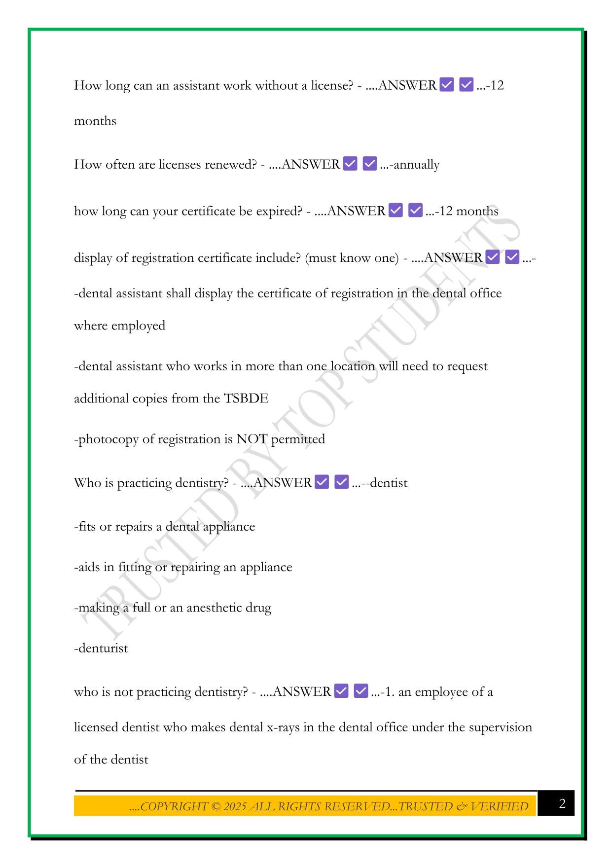 DENTAL ASSISTING STATE BOARD EXAM 2025 QUESTIONS AND ANSWERS