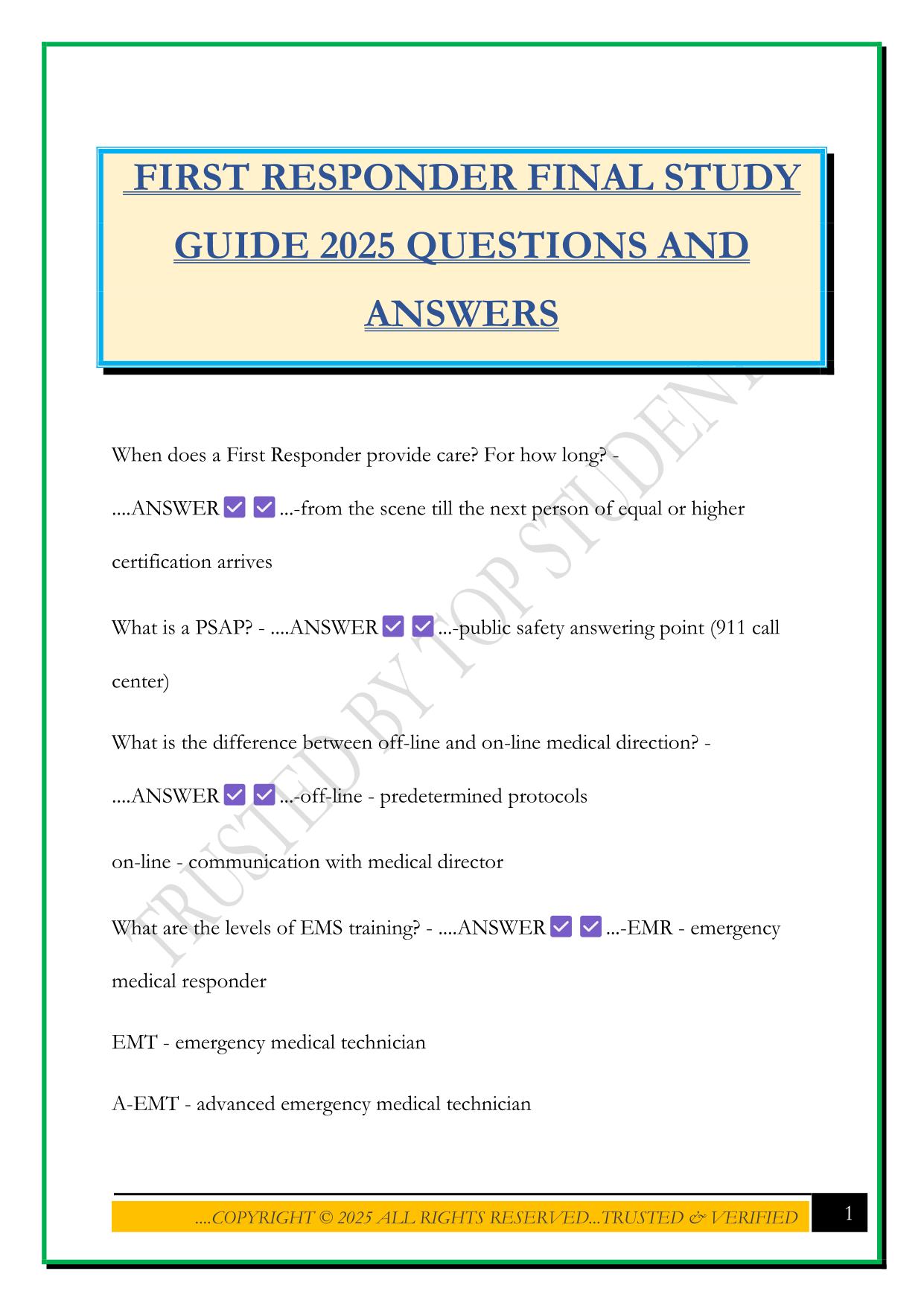 FIRST RESPONDER FINAL STUDY GUIDE 2025 QUESTIONS AND ANSWERS