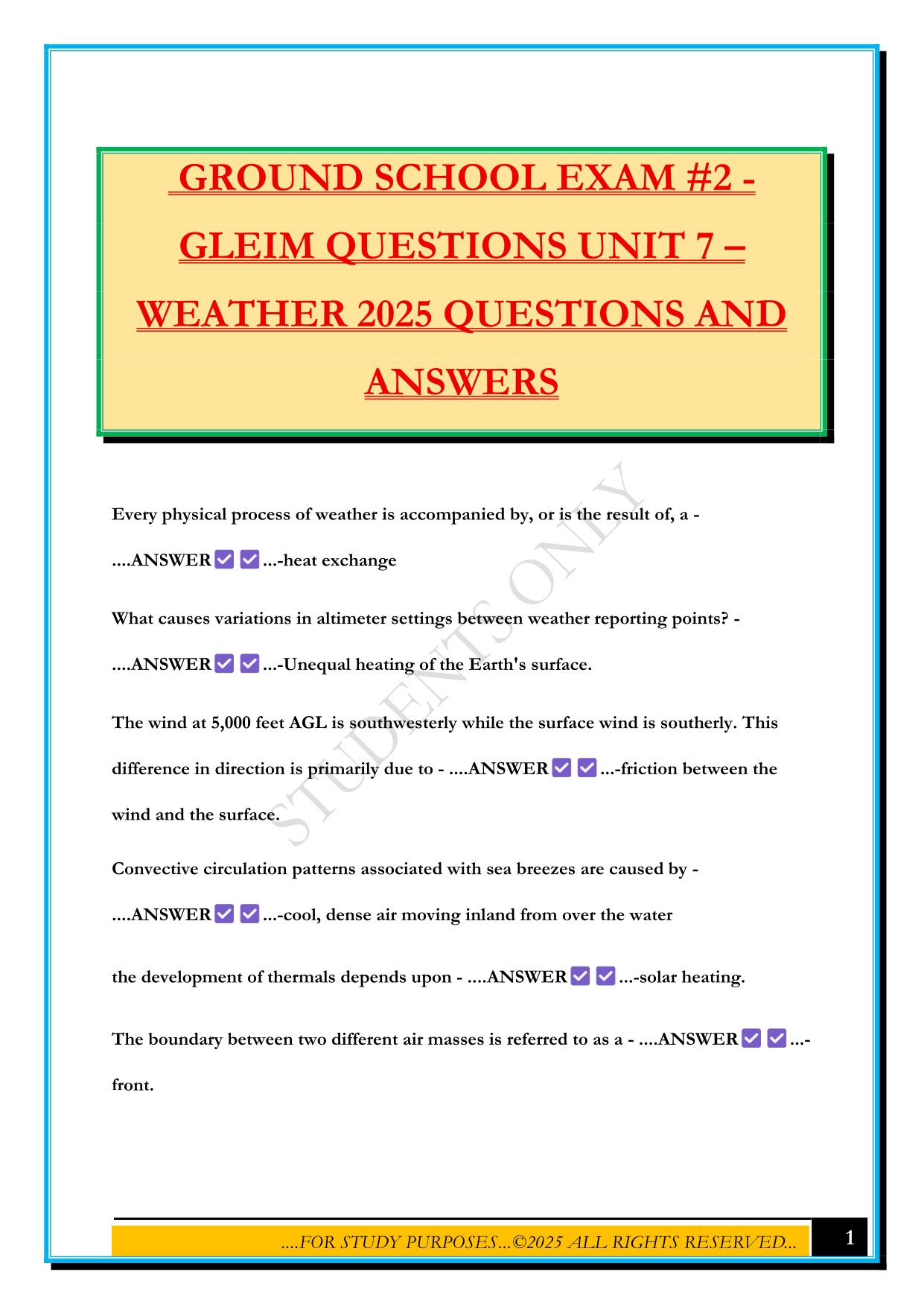 GROUND SCHOOL EXAM #2 - GLEIM QUESTIONS UNIT 7 – WEATHER 2025 QUESTIONS AND ANSWERS