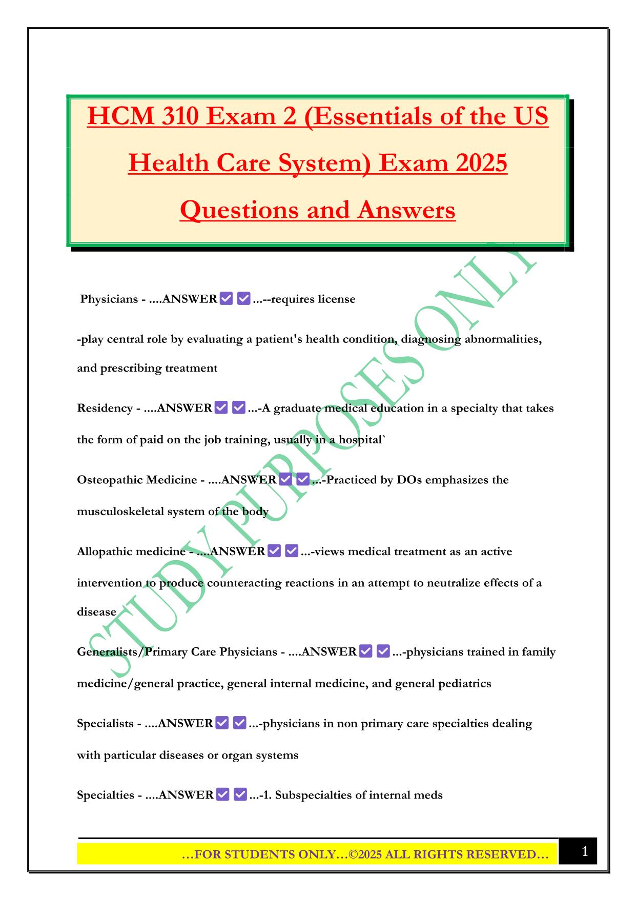 HCM 310 Exam 2 (Essentials of the US Health Care System) Exam 2025 Questions and Answers