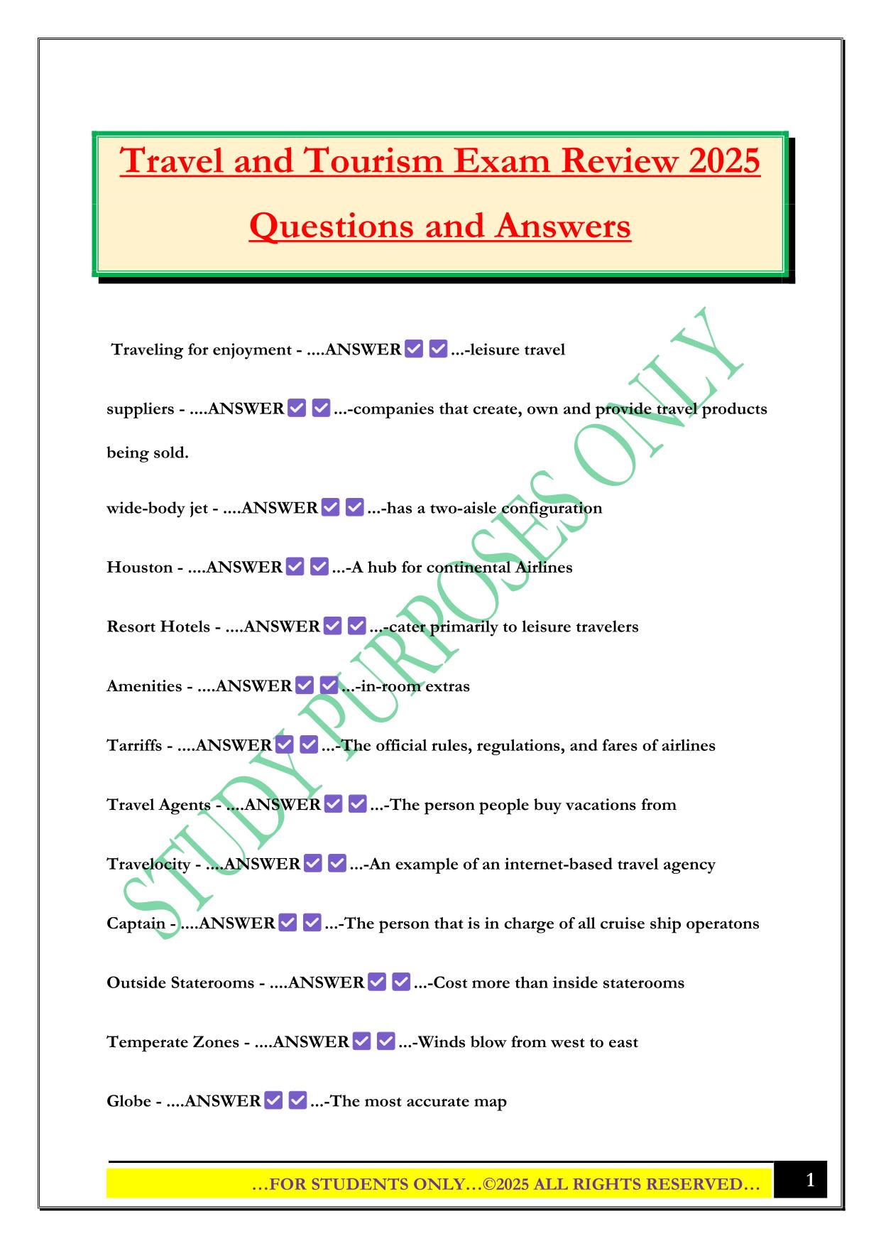 Travel and Tourism Exam Review 2025 Questions and Answers