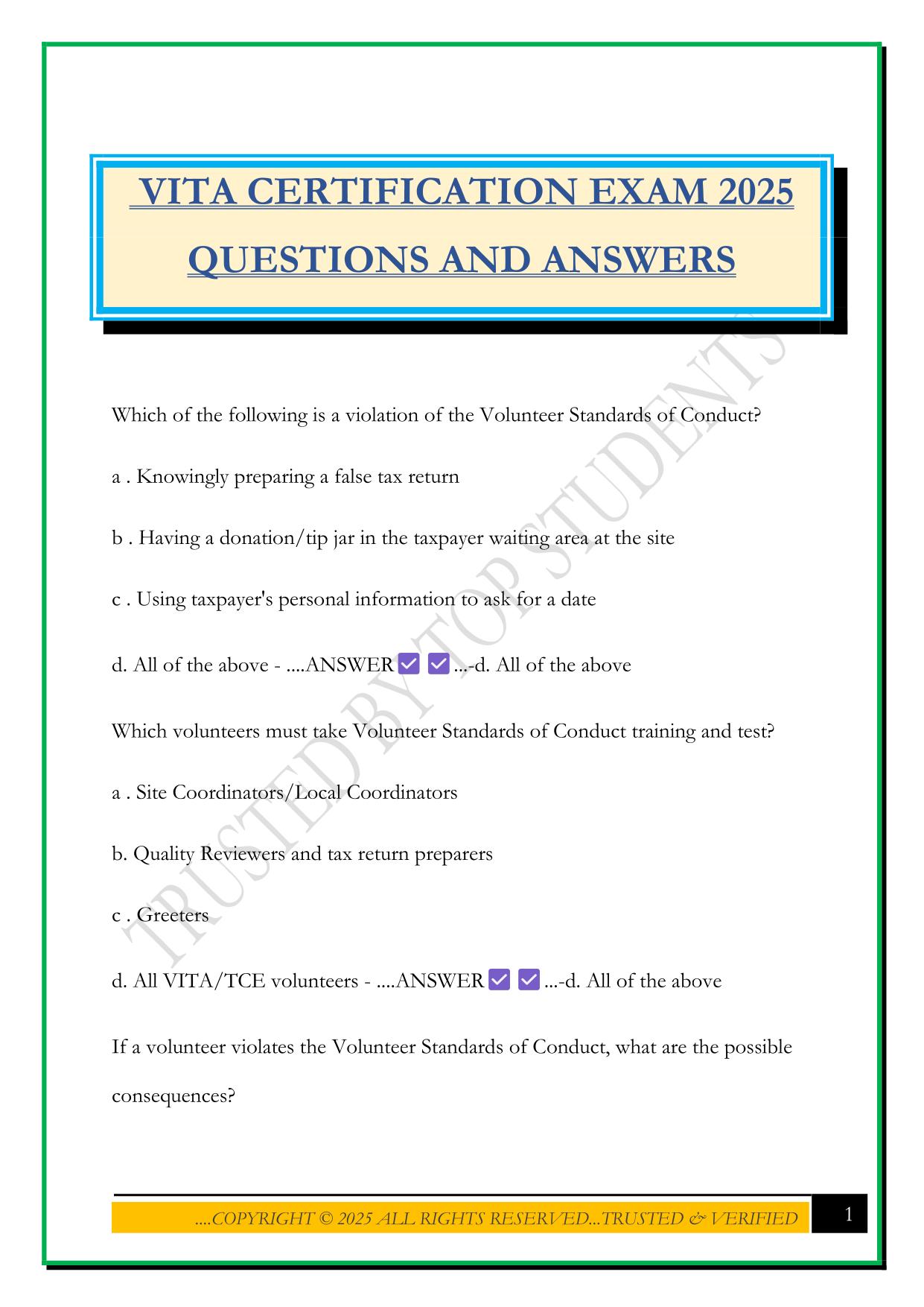 VITA CERTIFICATION EXAM 2025 QUESTIONS AND ANSWERS