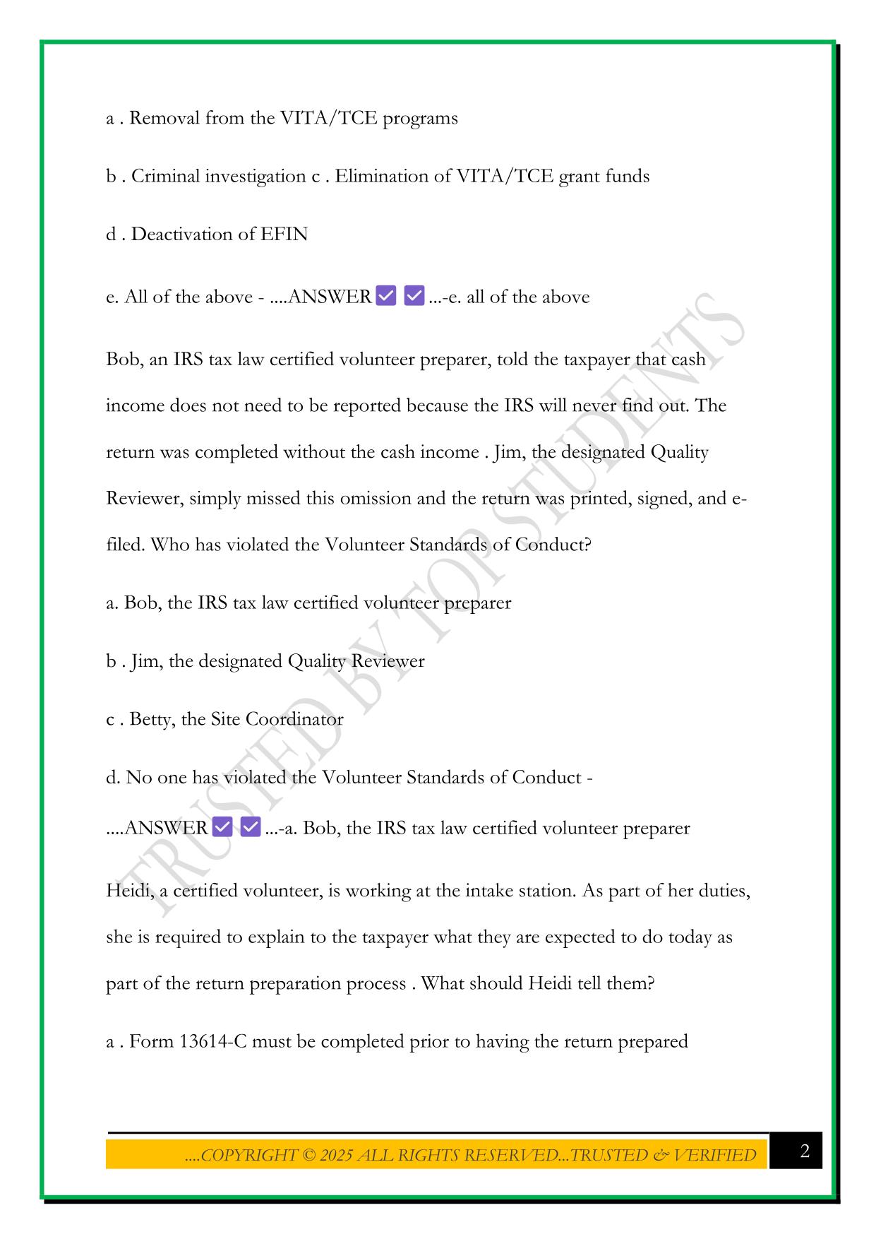 VITA CERTIFICATION EXAM 2025 QUESTIONS AND ANSWERS