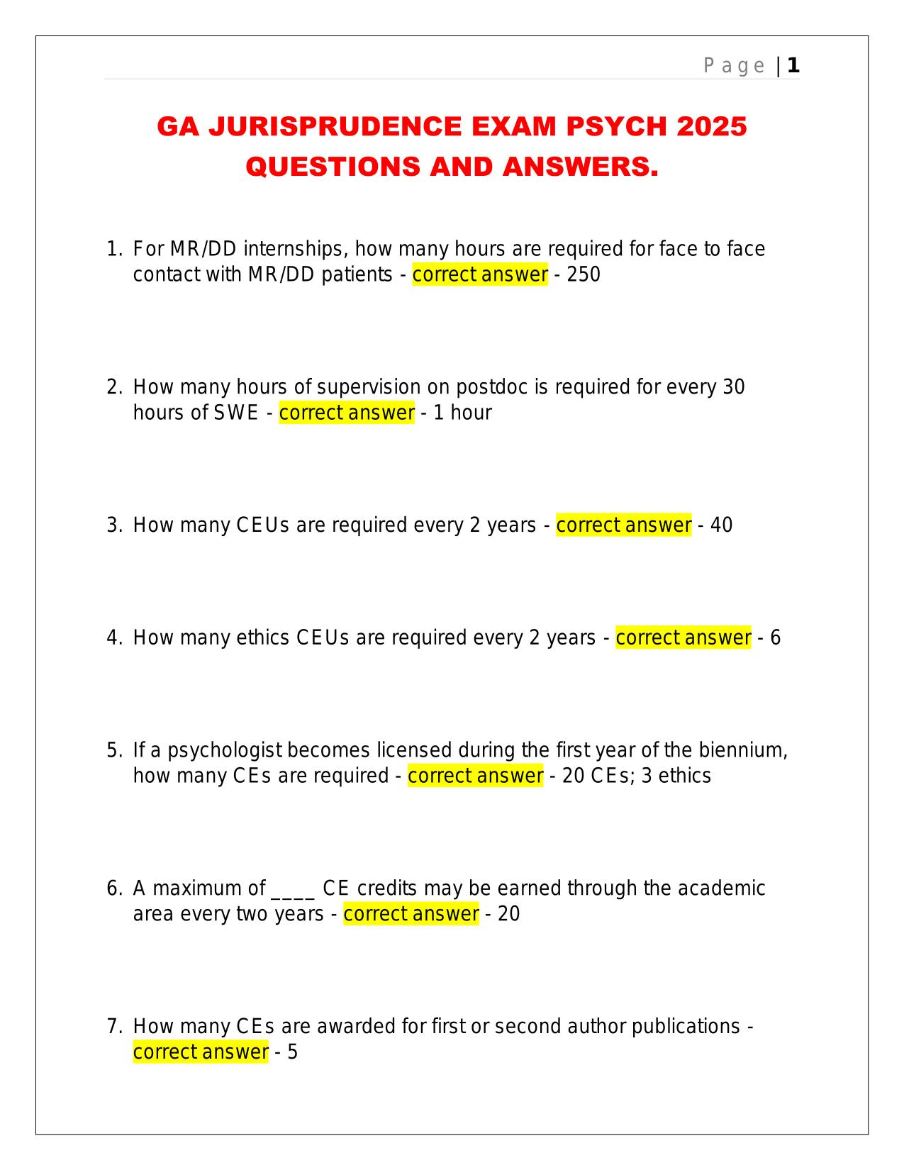 GA JURISPRUDENCE EXAM PSYCH 2025 QUESTIONS AND ANSWERS