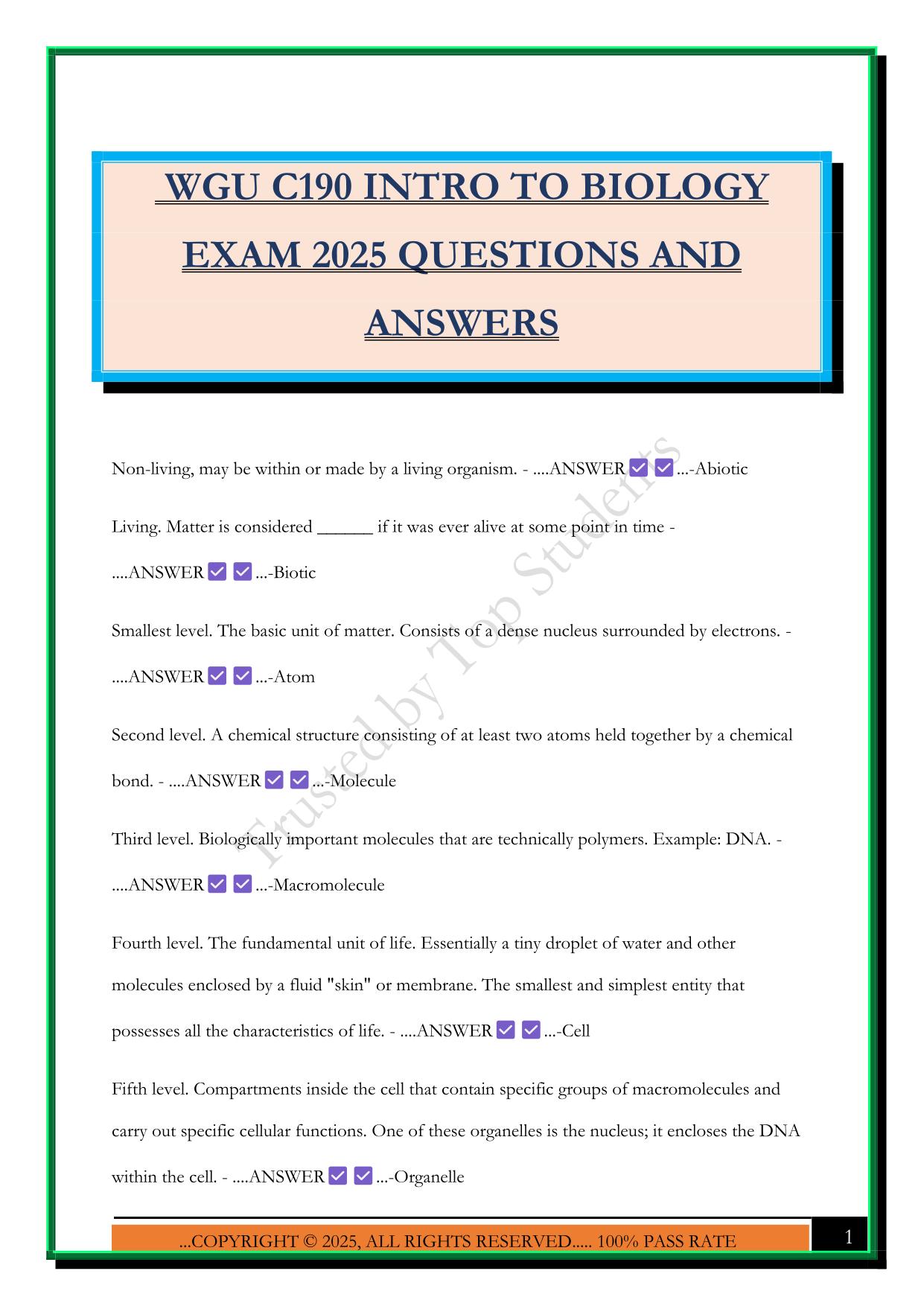 WGU C190 INTRO TO BIOLOGY EXAM 2025 QUESTIONS AND ANSWERS