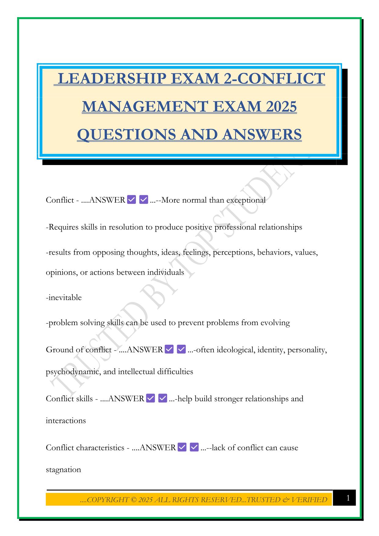 LEADERSHIP EXAM 2-CONFLICT MANAGEMENT EXAM 2025 QUESTIONS AND ANSWERS