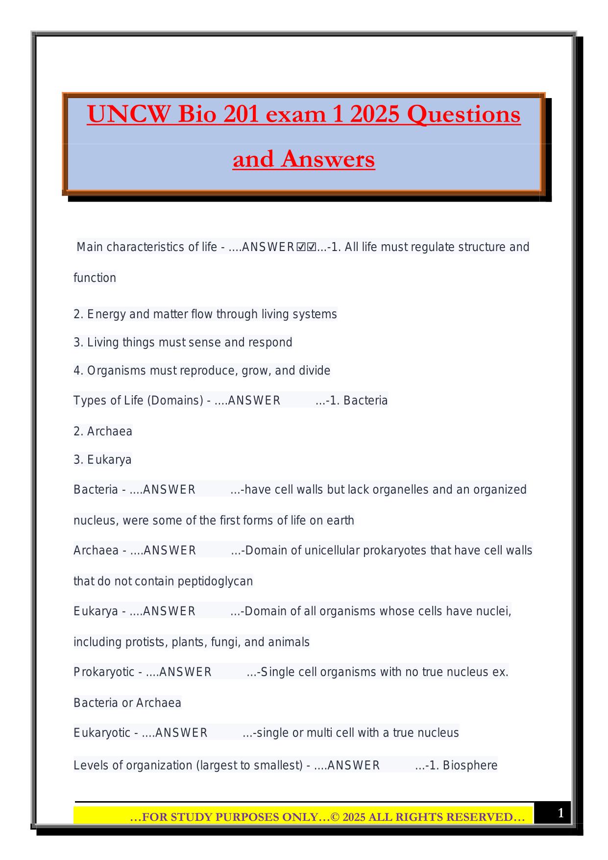UNCW Bio 201 exam 1 2025 Questions and Answers