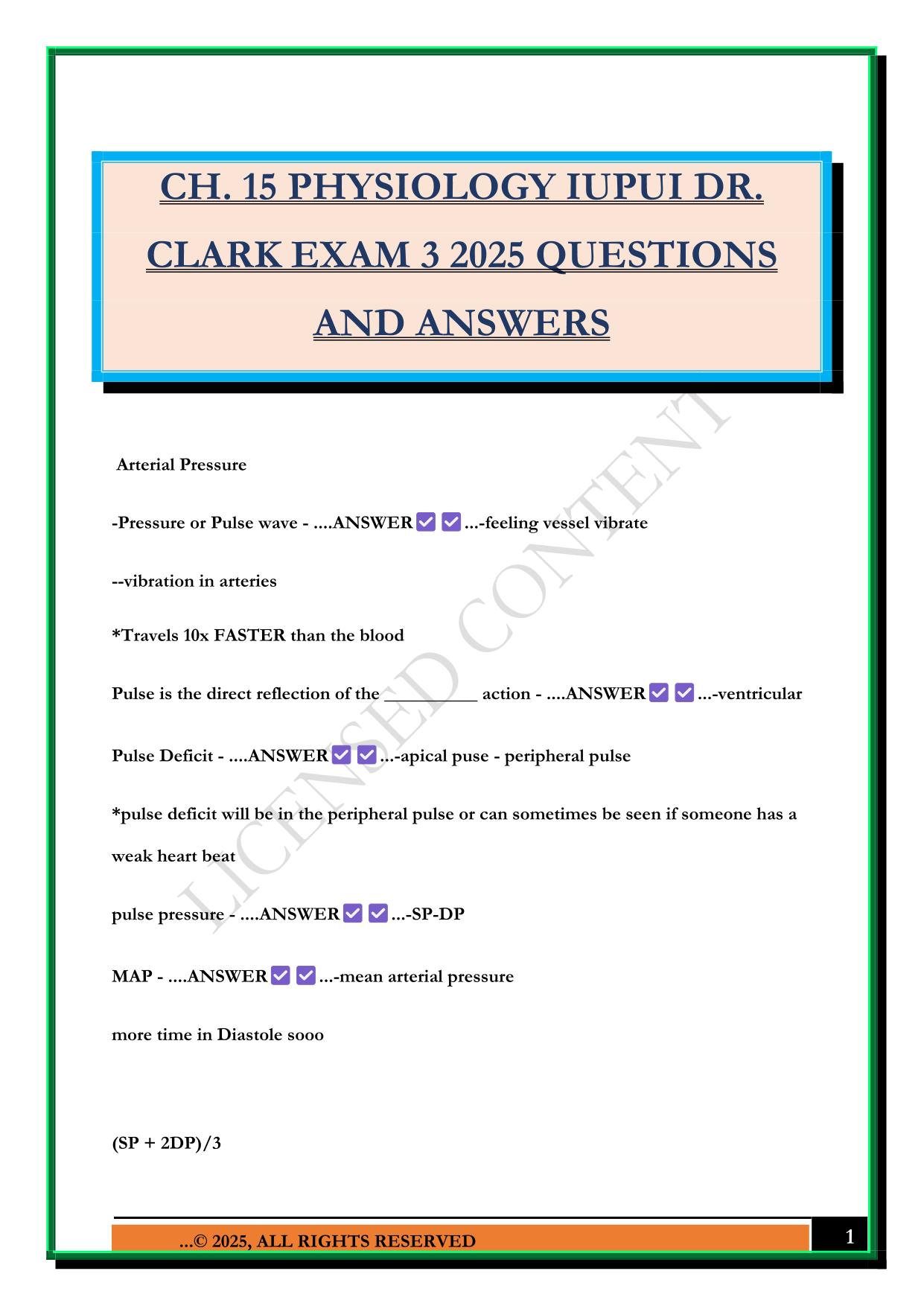 CH. 15 PHYSIOLOGY IUPUI DR. CLARK EXAM 3 2025 QUESTIONS AND ANSWERS