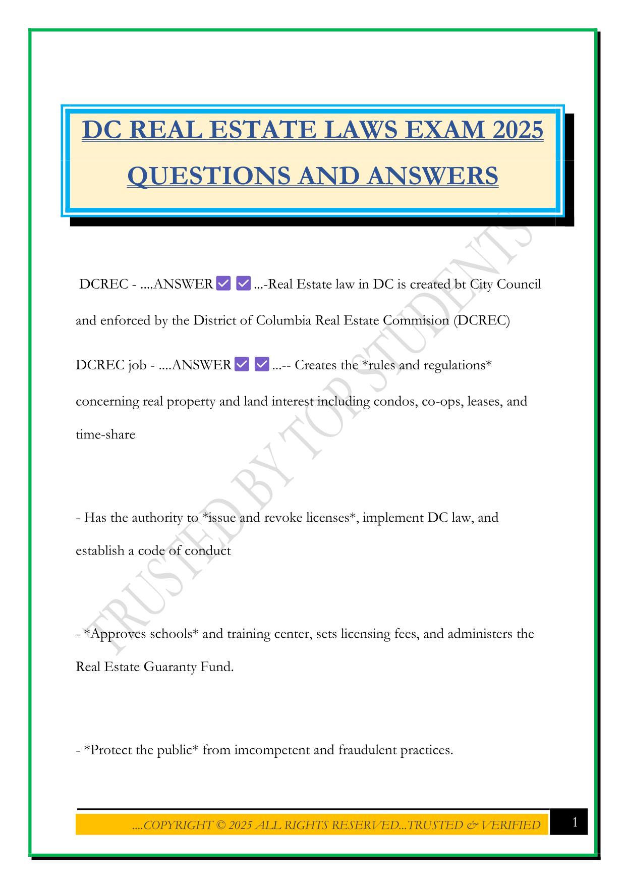 DC REAL ESTATE LAWS EXAM 2025 QUESTIONS AND ANSWERS