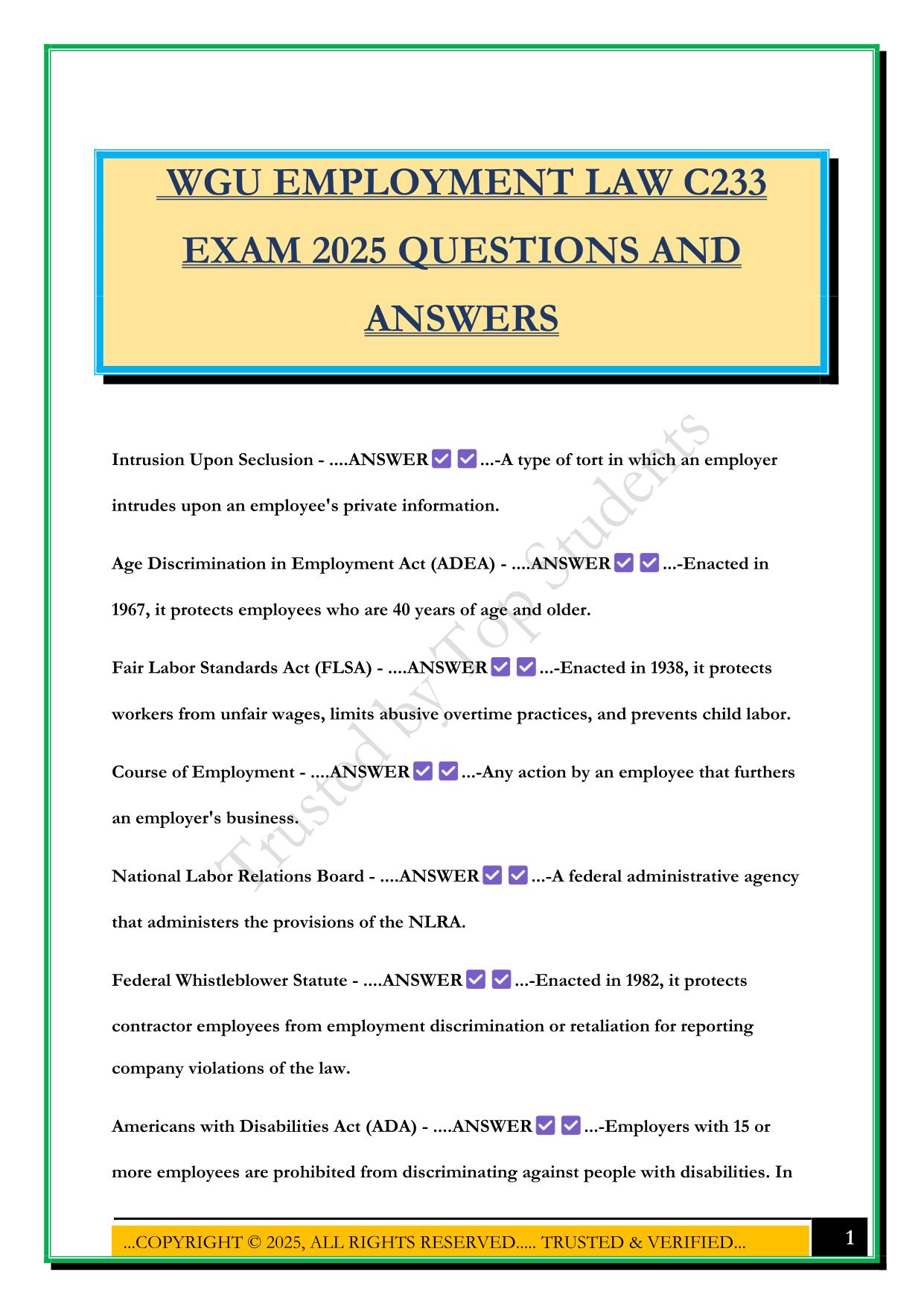 WGU C233 EMPLOYMENT LAW EXAM 2025 QUESTIONS AND ANSWERS